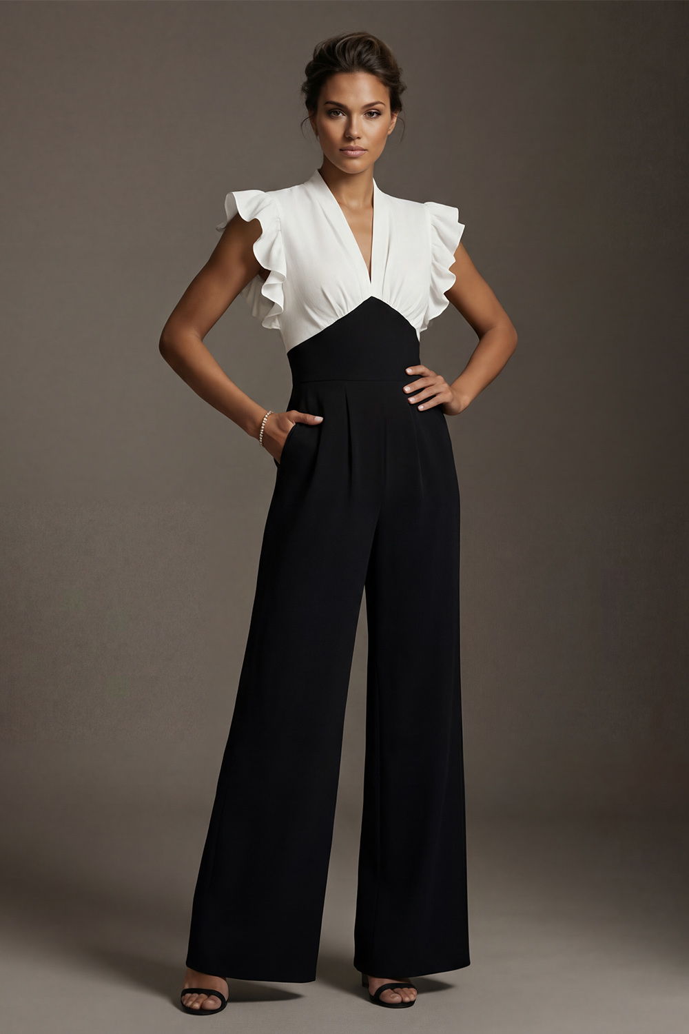 Black and White V-Neck Long Mother of the Bride Jumpsuits with Ruffled Sleeves