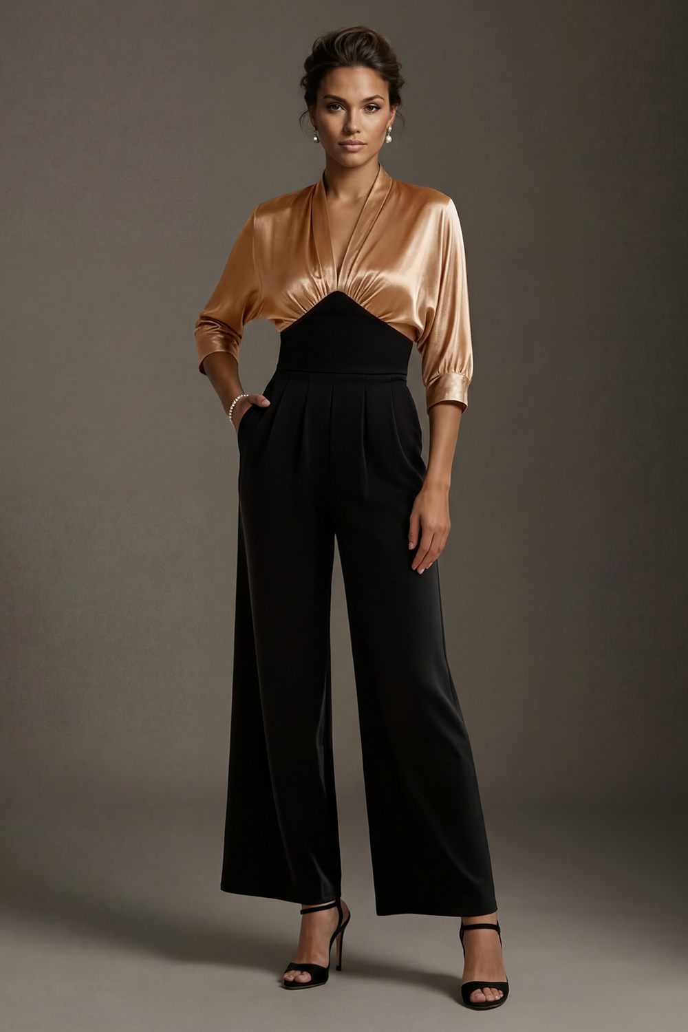 Black and Champagne Satin V-Neck Ruched Long Mother of the Bride Jumpsuits