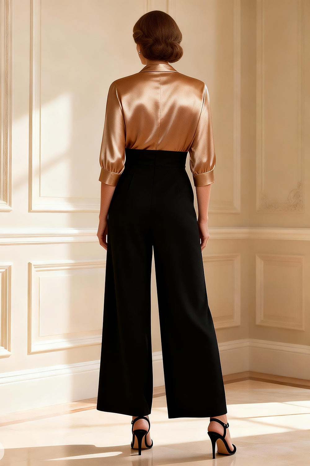 Black and Champagne Satin V-Neck Ruched Long Mother of the Bride Jumpsuits