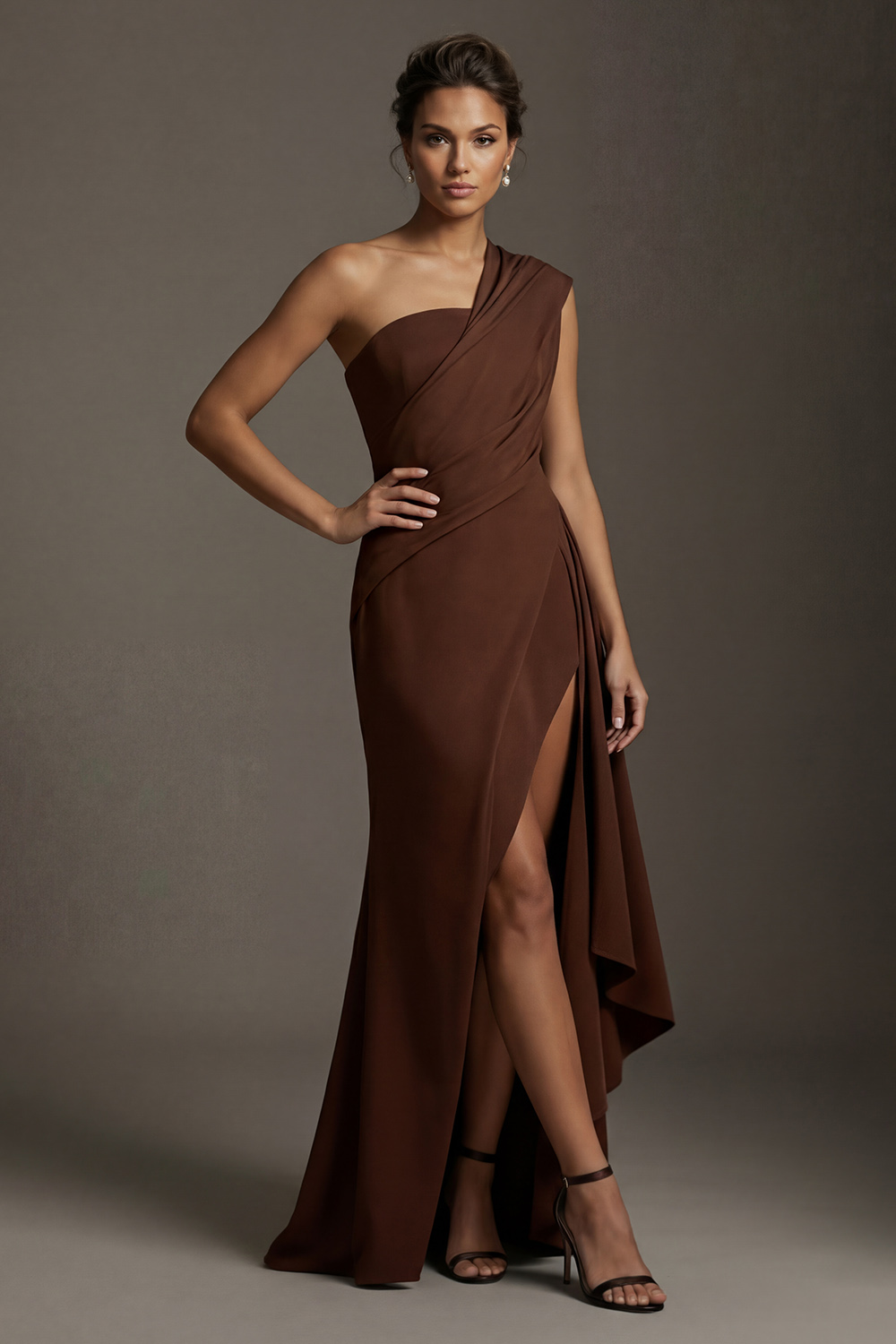 One Shoulder Chocolate High Low Mother of the Bride Dress