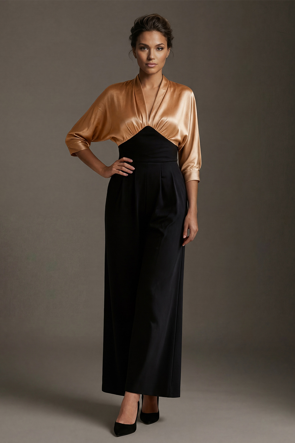 Sheath Black and Champagne Satin V-Neck Long Mother of the Bride Dress