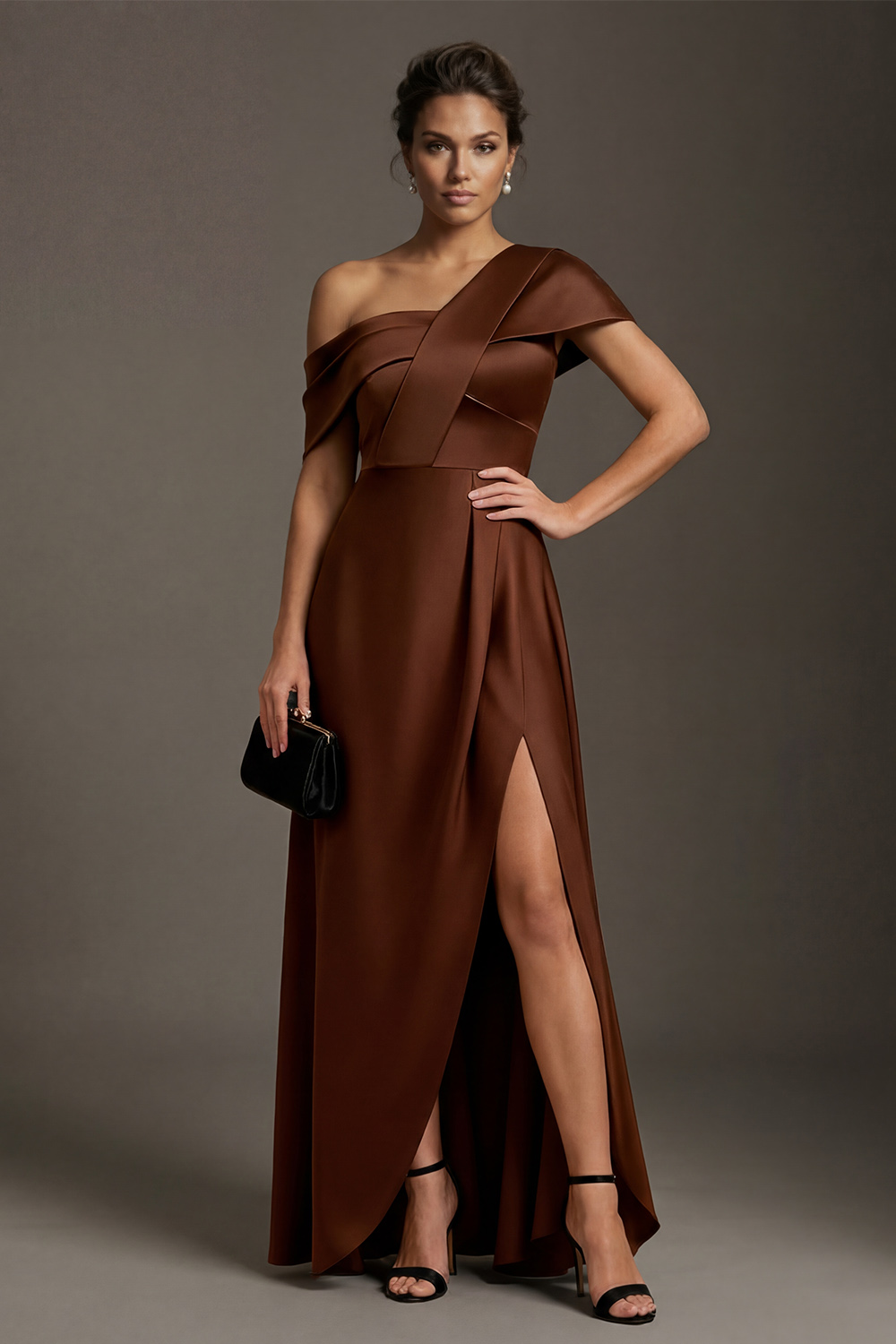 Satin Chocolate One Shoulder A Line Long Mother of the Bride Dress with Slit