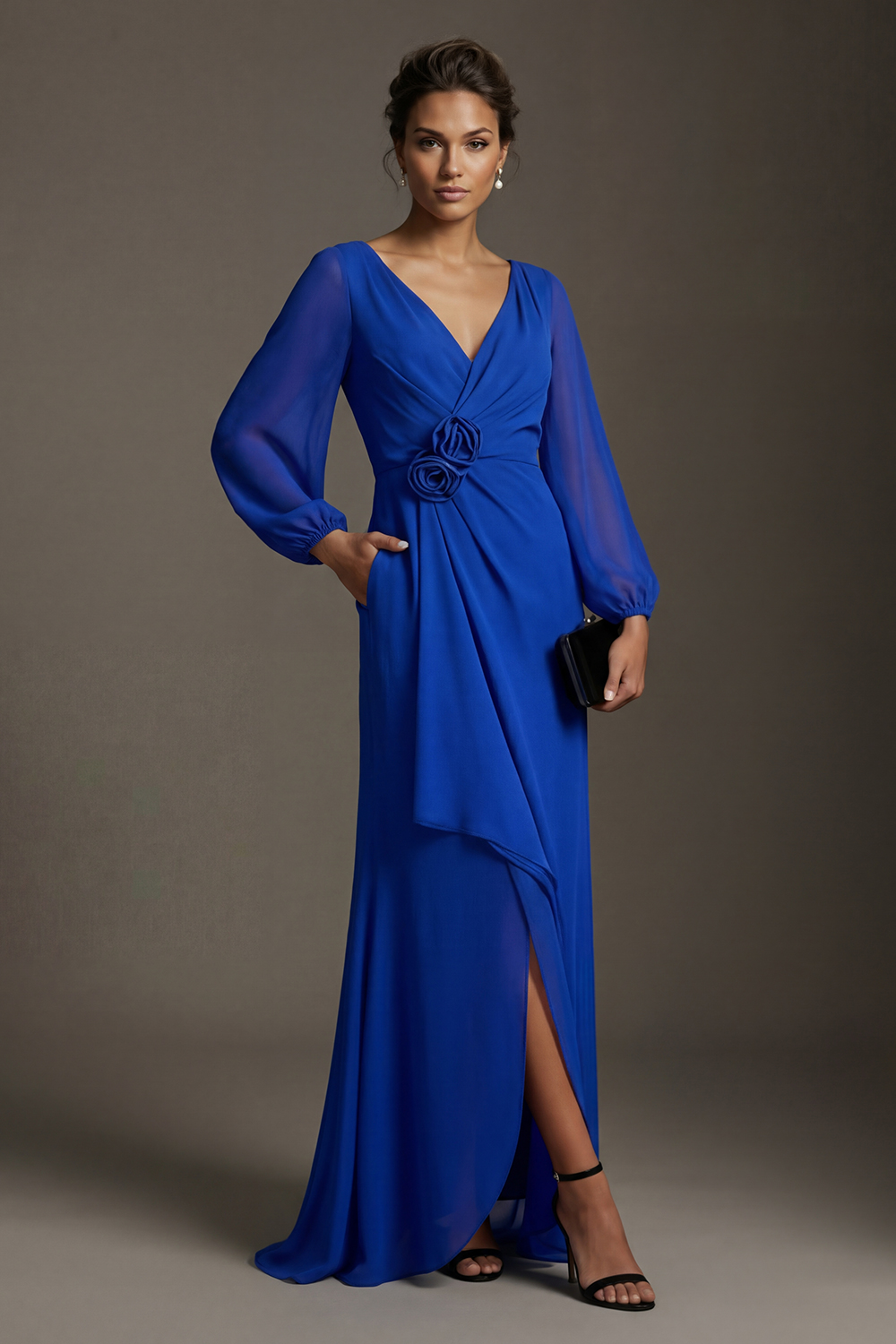 Chiffon Royal Blue V Neck Asymmetrical Floral Mother of the Bride Dress