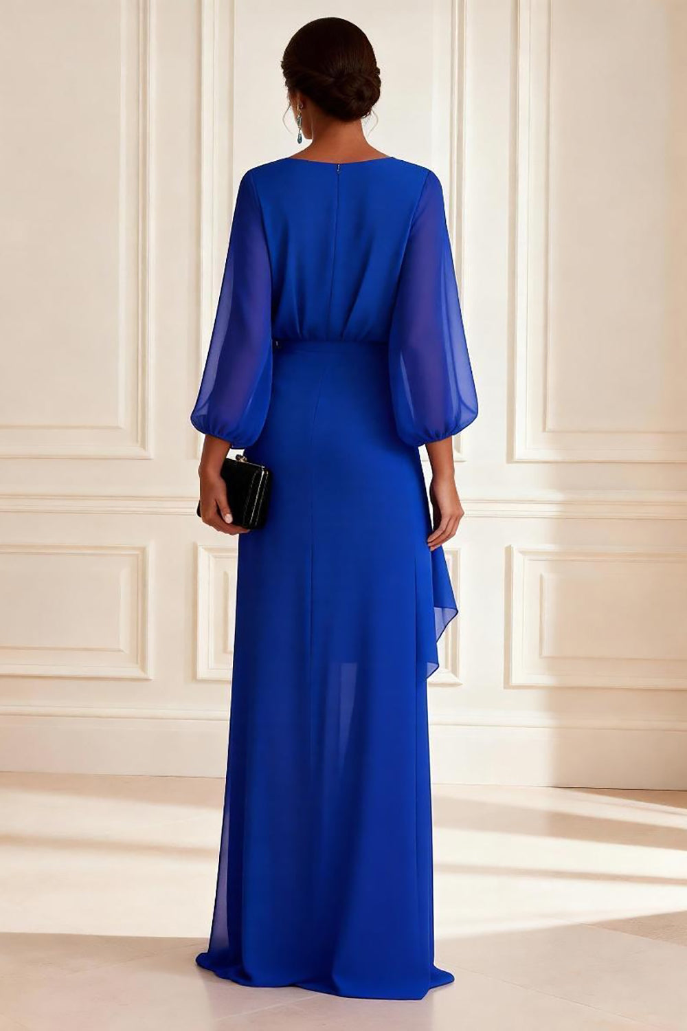 Chiffon Royal Blue V Neck Asymmetrical Floral Mother of the Bride Dress