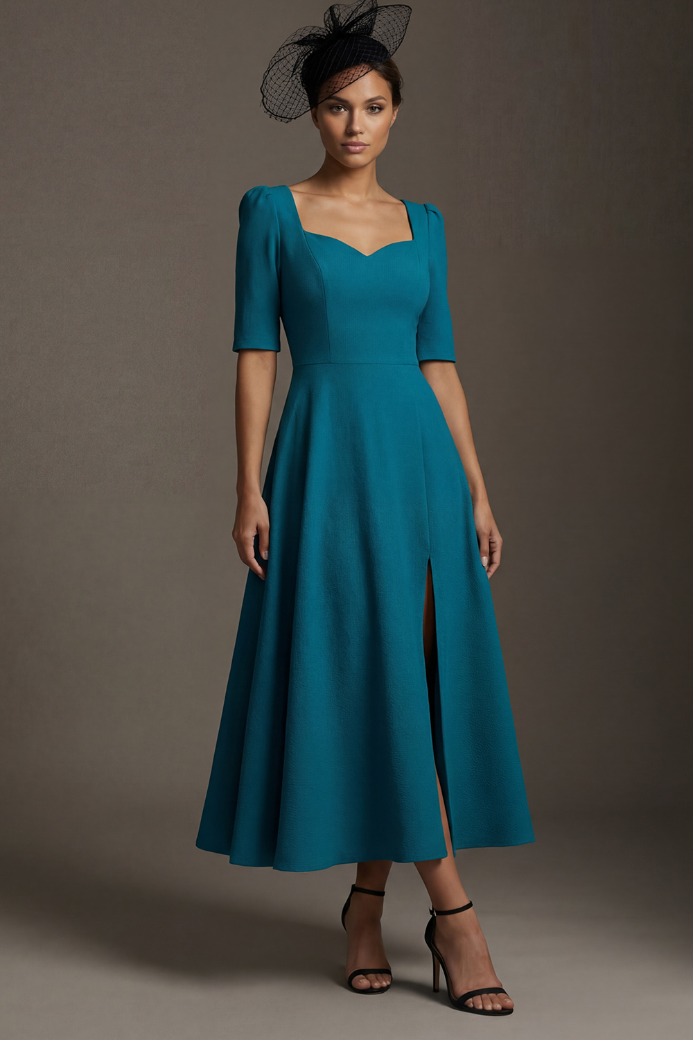 Peacock Blue Square Neck Ankle Length Mother of the Bride Dress with Slit