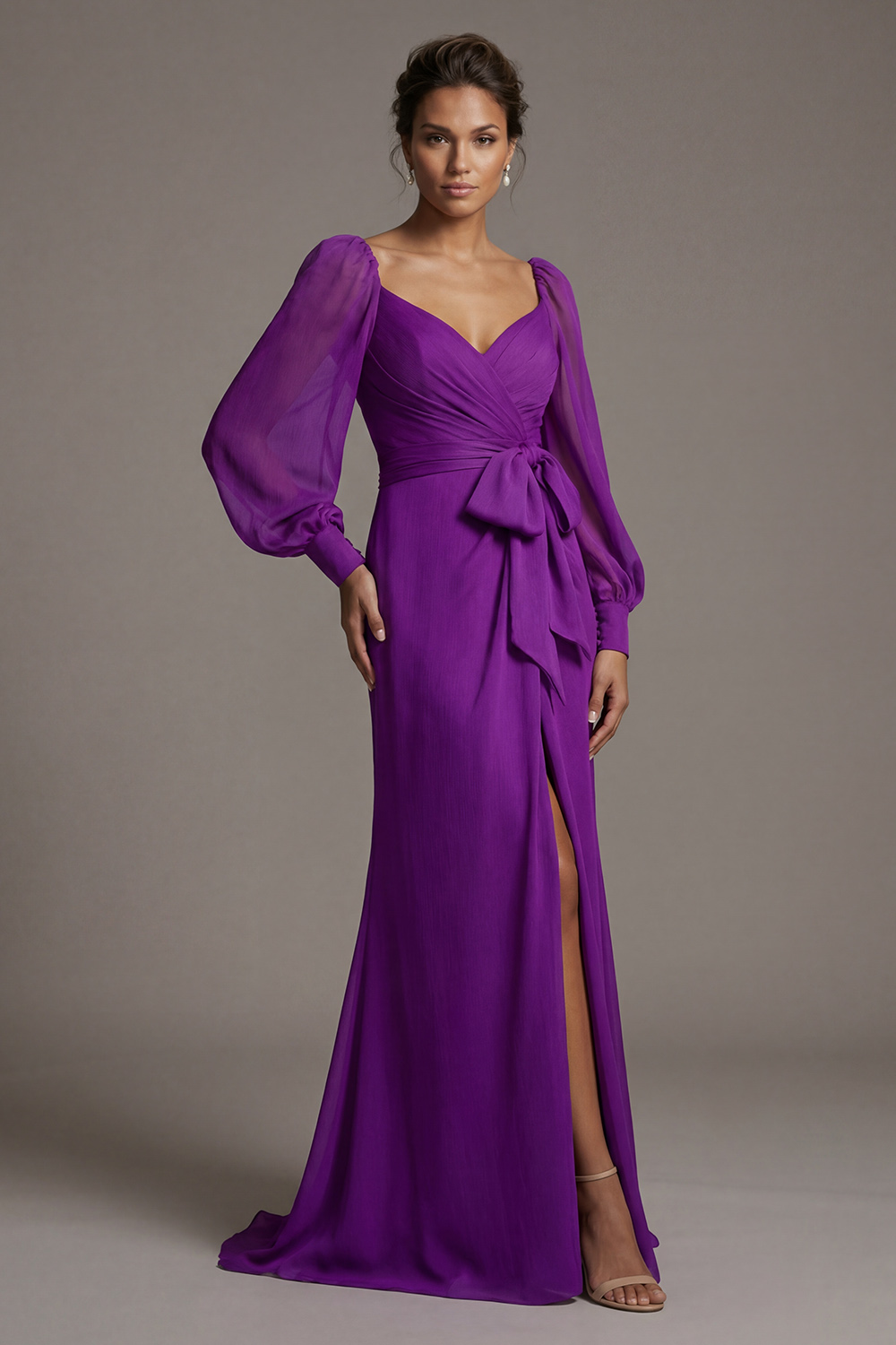 Purple Sheath Ruched Long Sleeves Floor Length Mother of the Bride Dress with Slit