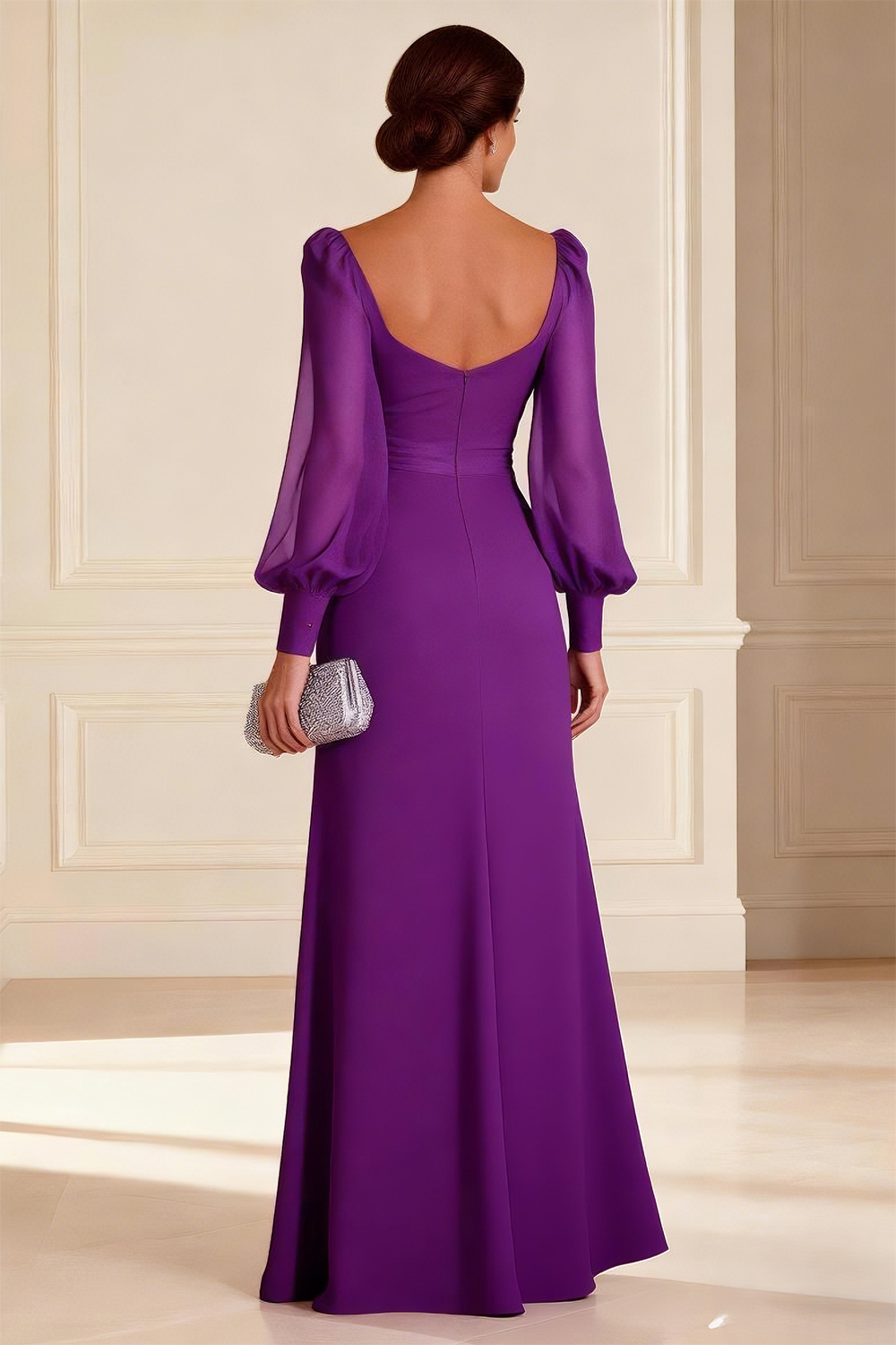Purple Sheath Ruched Long Sleeves Floor Length Mother of the Bride Dress with Slit