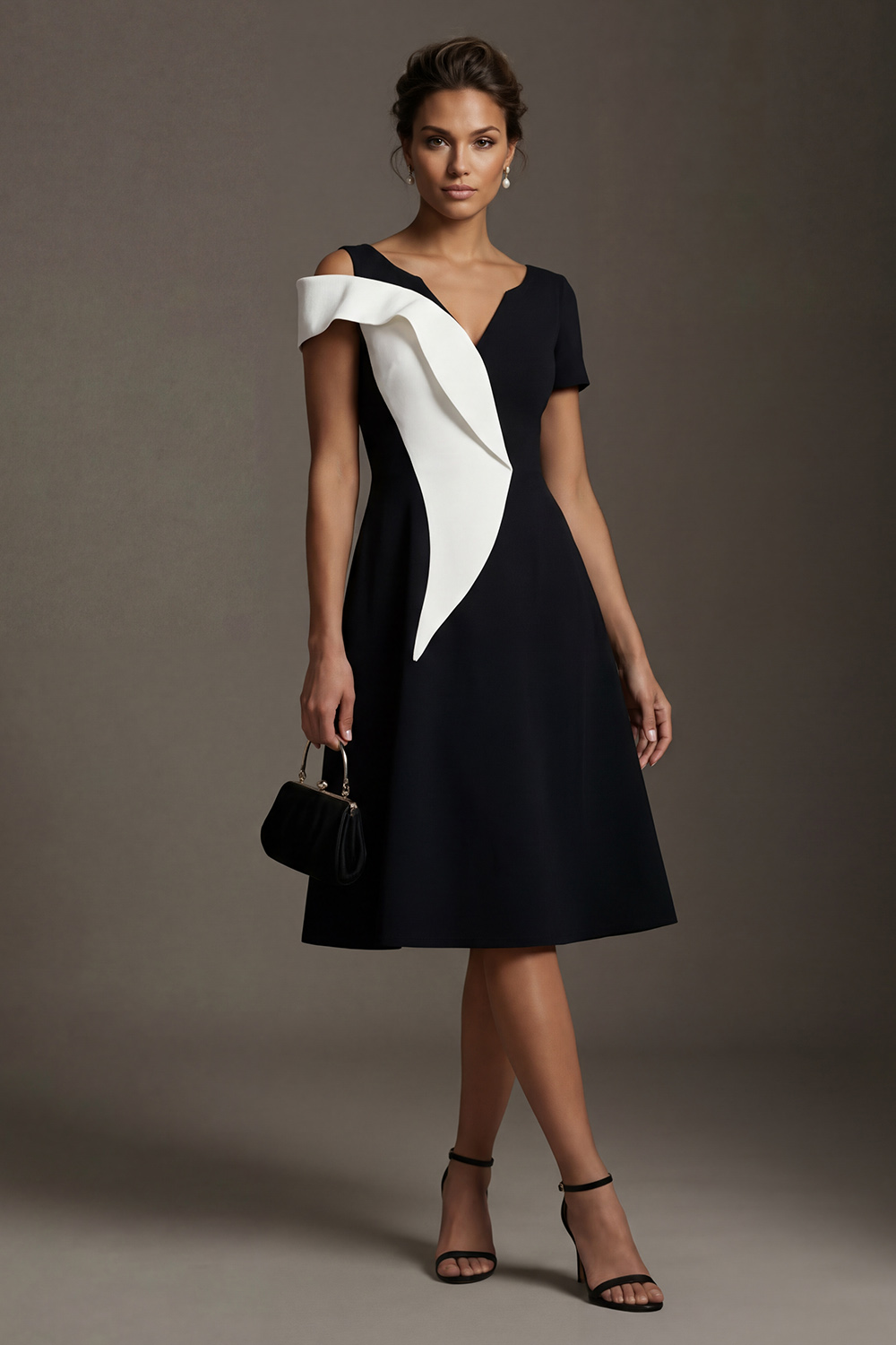 V Neck Black and White A Line Midi Mother of the Bride Dress with Sleeves