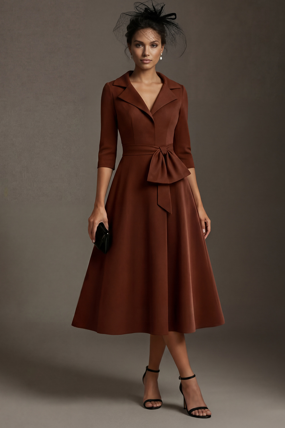 Notched Lapel Chocolate A Line Midi Mother of the Bride Dress