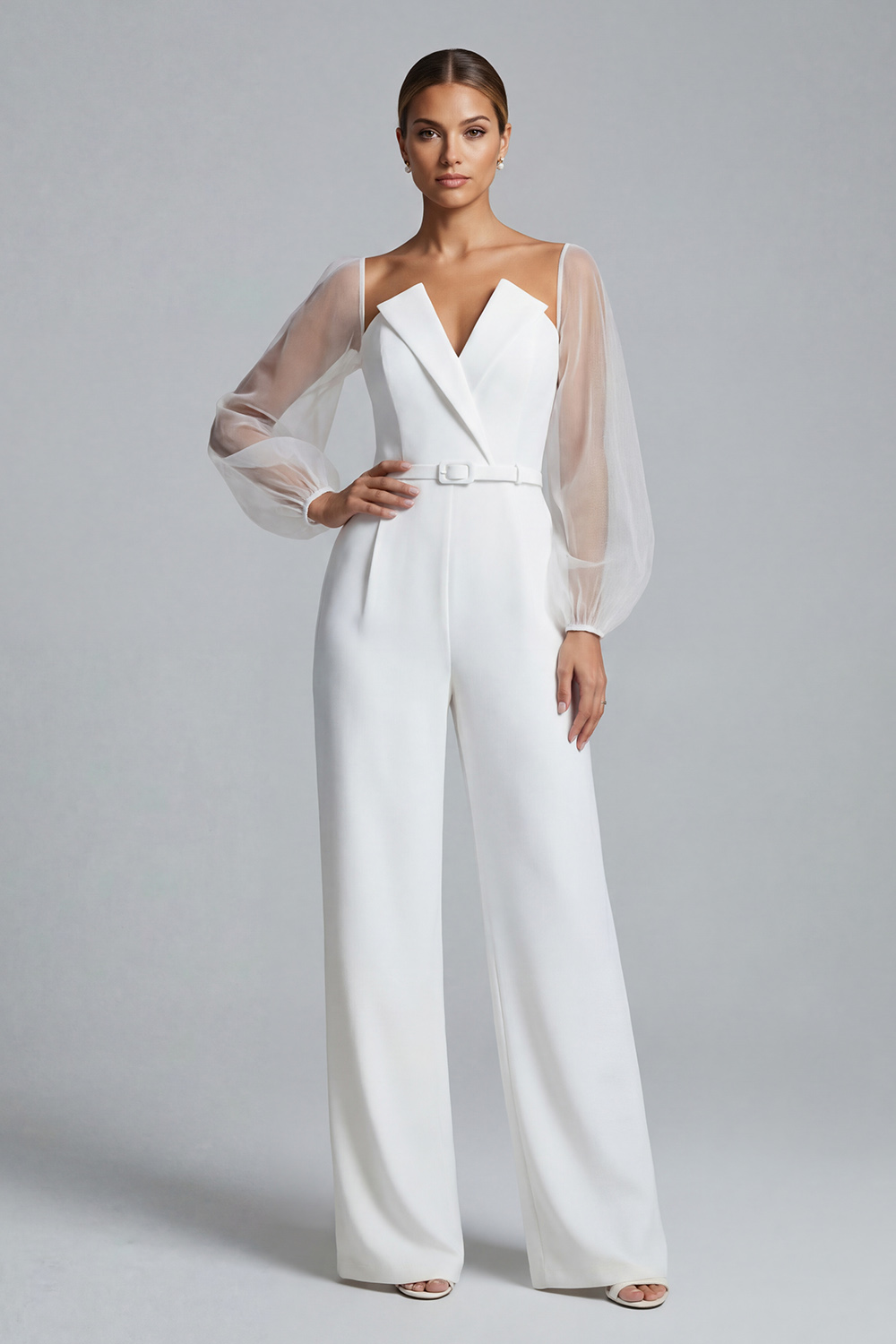 White Satin Strapless Puff Sleeves Long Bridal Jumpsuits with Belt