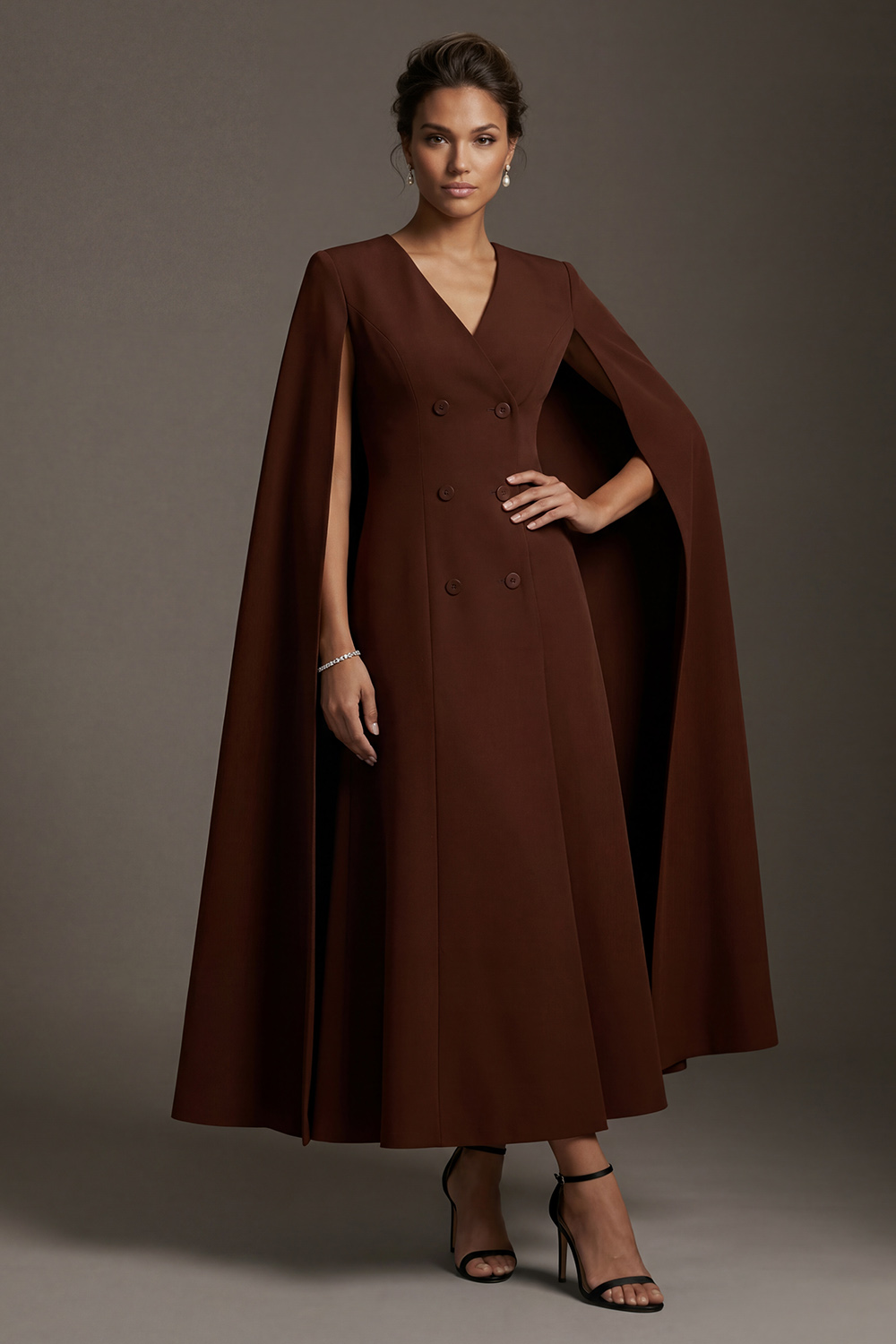 V Neck Chocolate Double Breasted Ankle Length Mother of the Bride Dress with Cape
