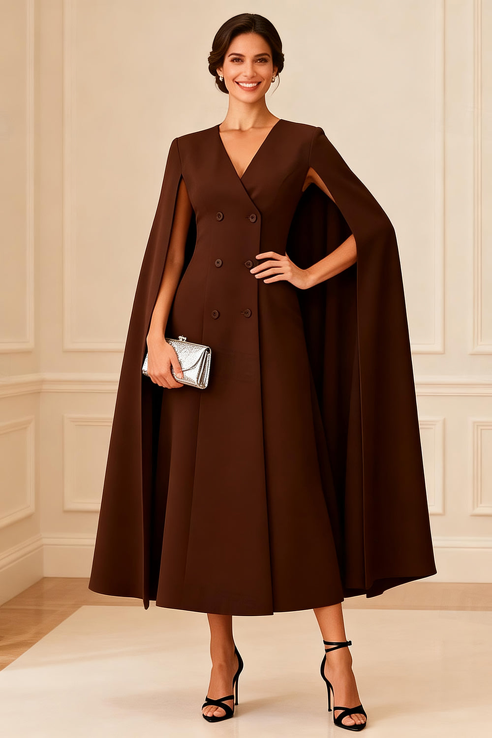 V Neck Chocolate Double Breasted Ankle Length Mother of the Bride Dress with Cape