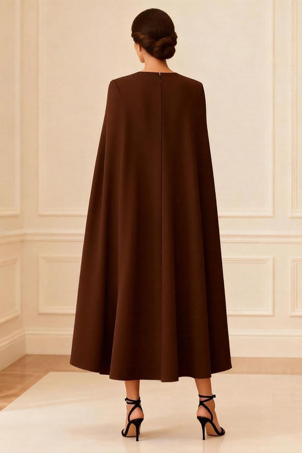 V Neck Chocolate Double Breasted Ankle Length Mother of the Bride Dress with Cape