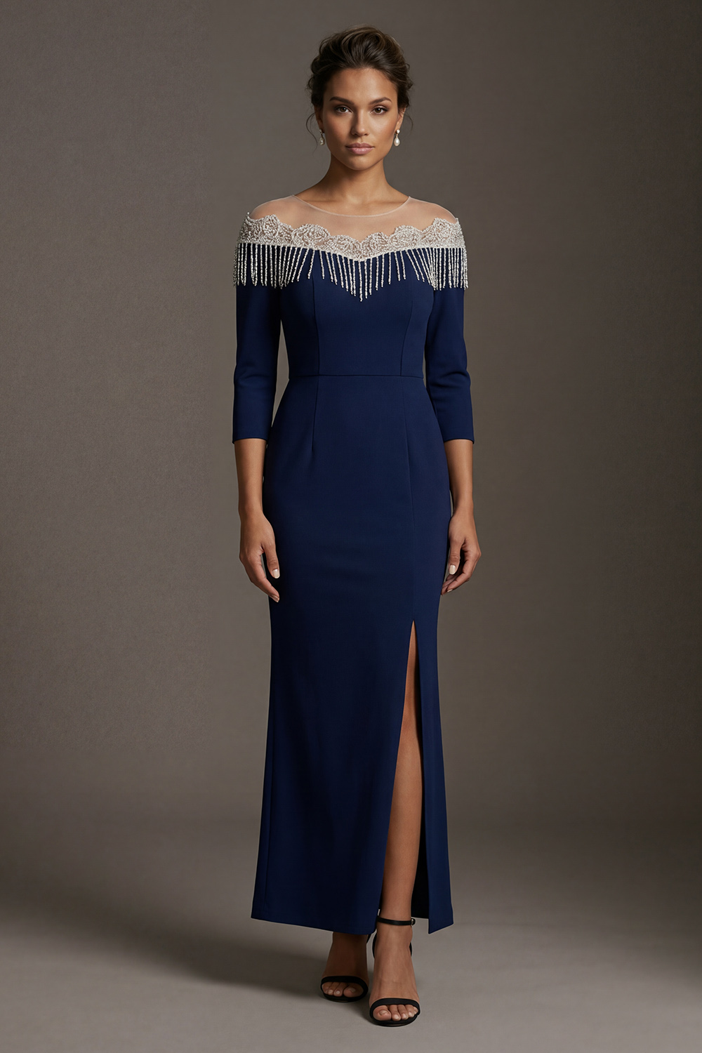 Navy Illusion Boat Neck Mermaid Long Mother of the Bride Dress with Fringes