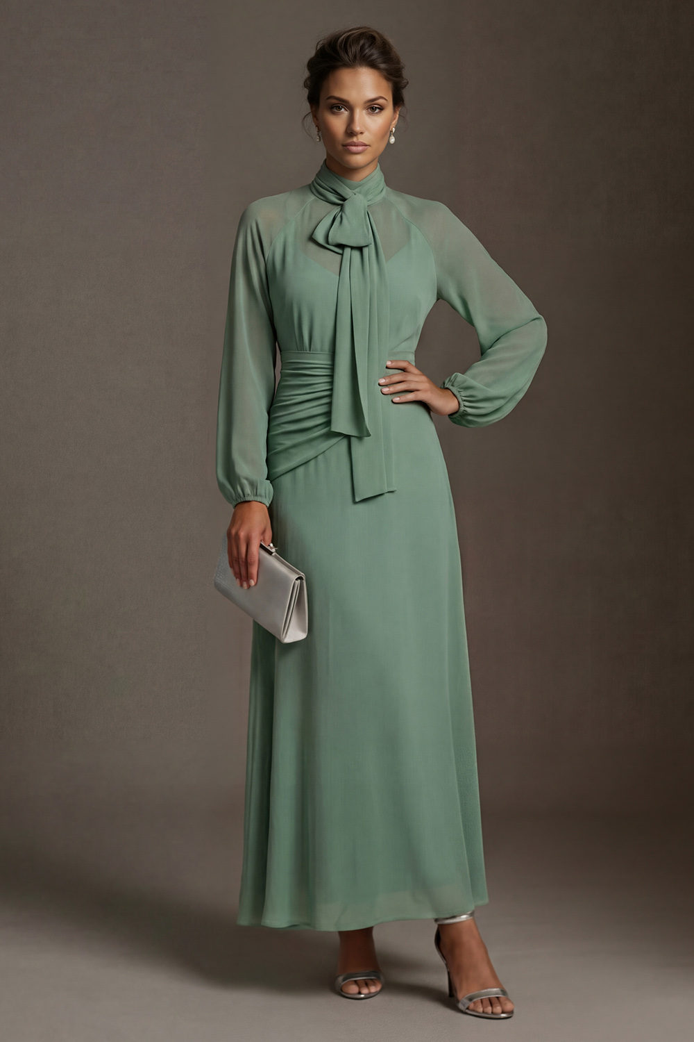 Chiffon Sage Green High Neck A Line Long Mother of the Bride Dress