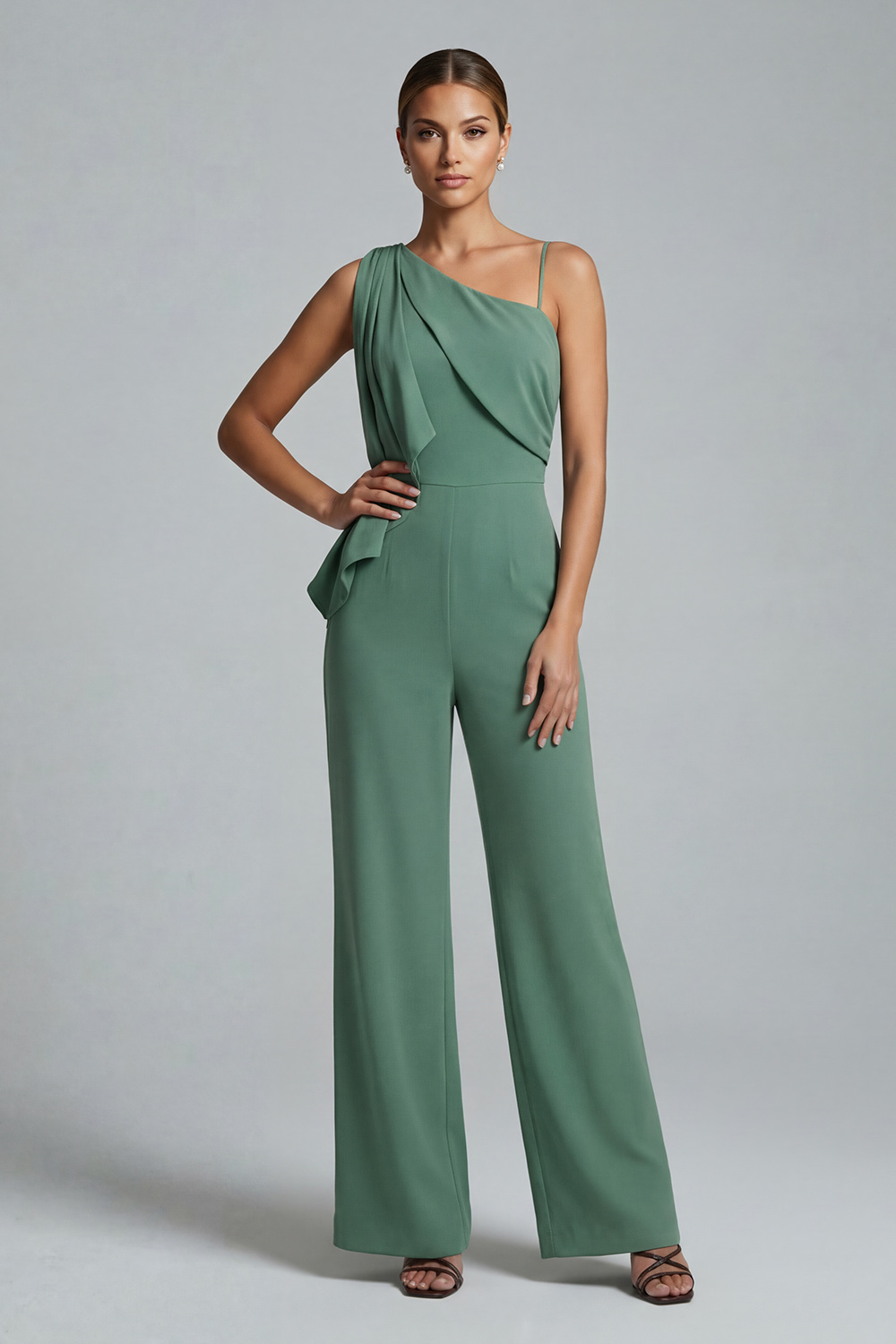 Sage Green Asymmetrical Neck Chiffon Long Mother of the Bride Jumpsuits with Streamer