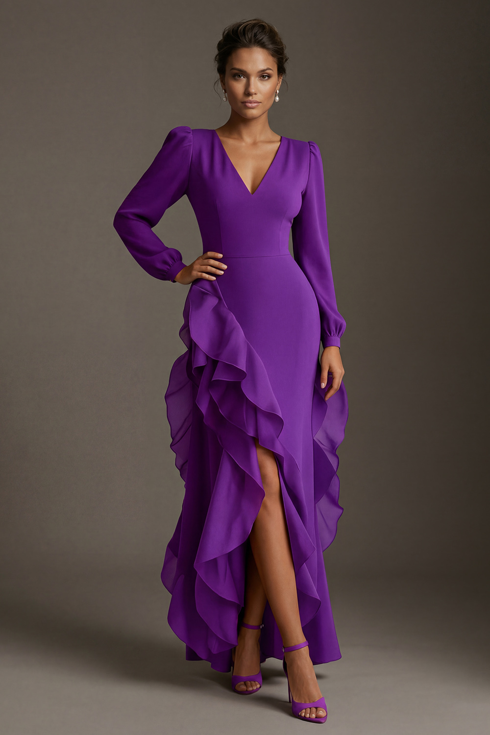V Neck Purple Ruffled Asymmetrical Mother of the Bride Dress with Slit