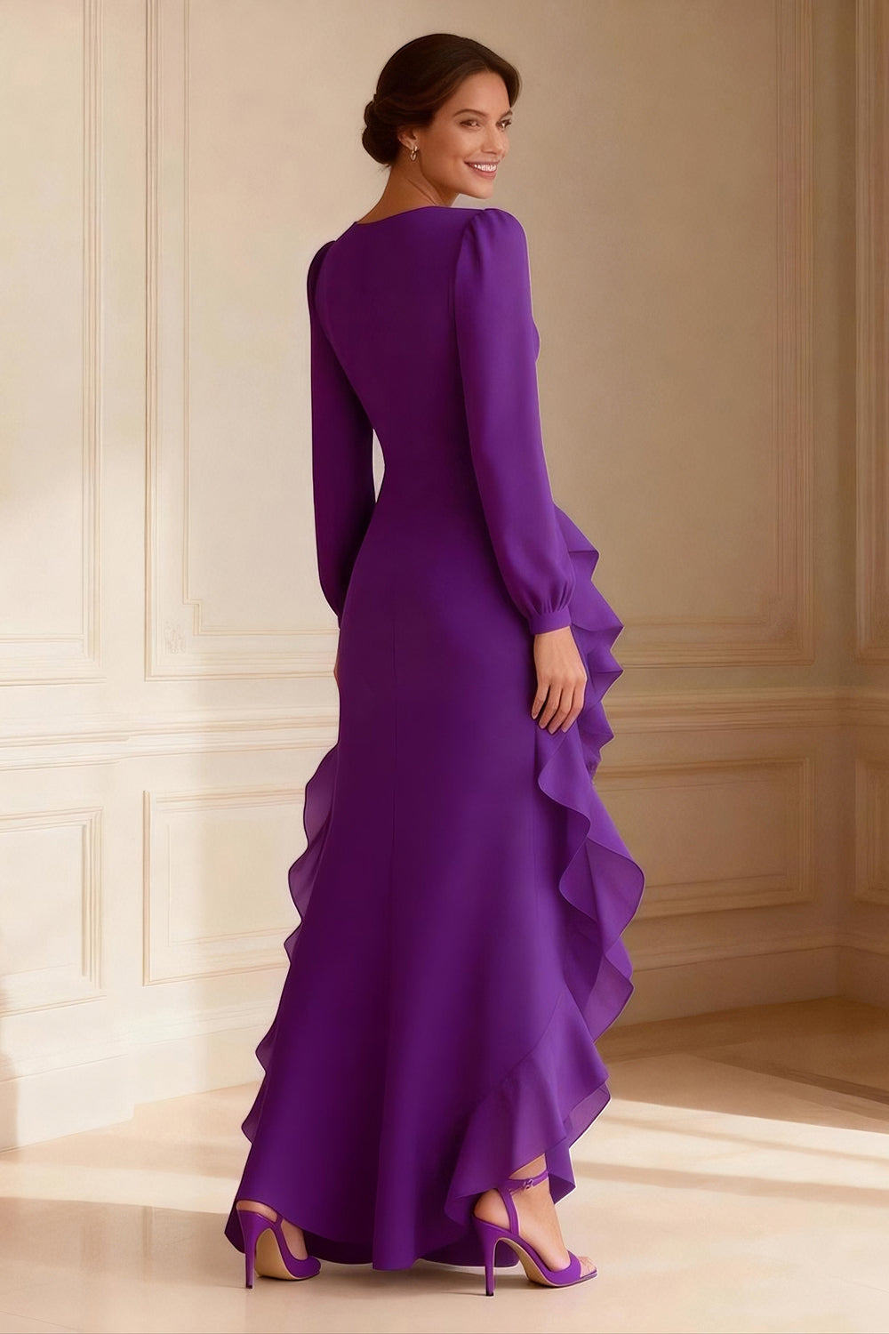 V Neck Purple Ruffled Asymmetrical Mother of the Bride Dress with Slit