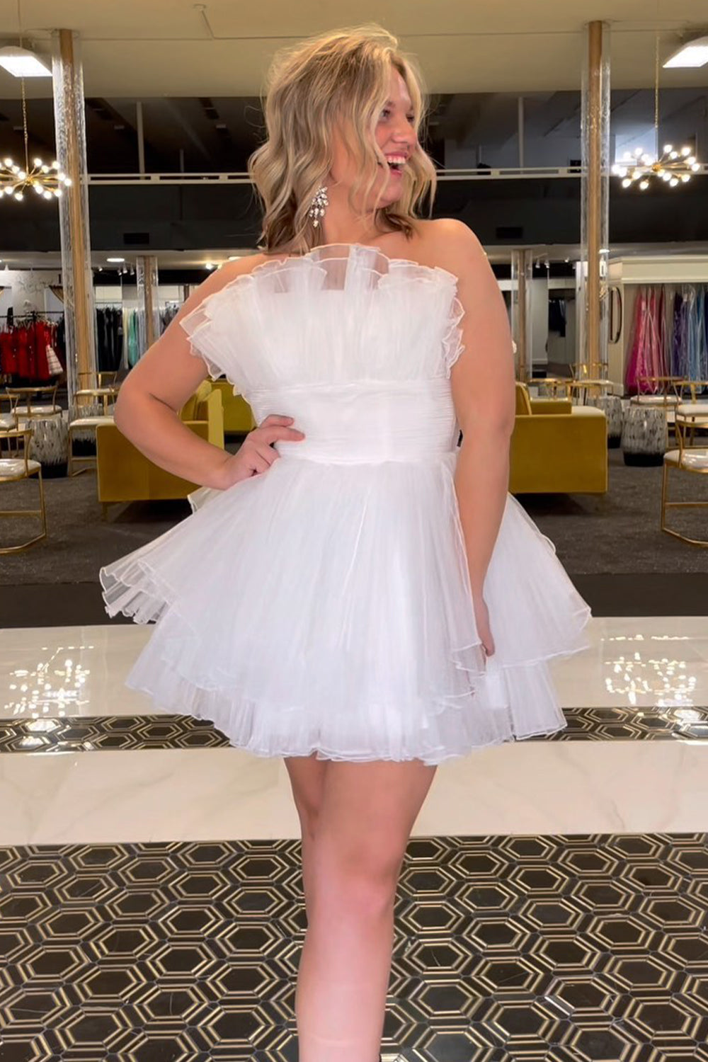 Simple White Strapless Tiered Tulle A-Line Short Homecoming Dress