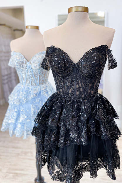 Sparkly Blue Corset Tiered Lace A-Line Homecoming Dress