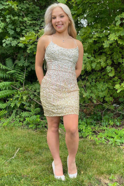 Sparkly Green Spaghetti Straps Backless Sequins Tight Short Homecoming Dress
