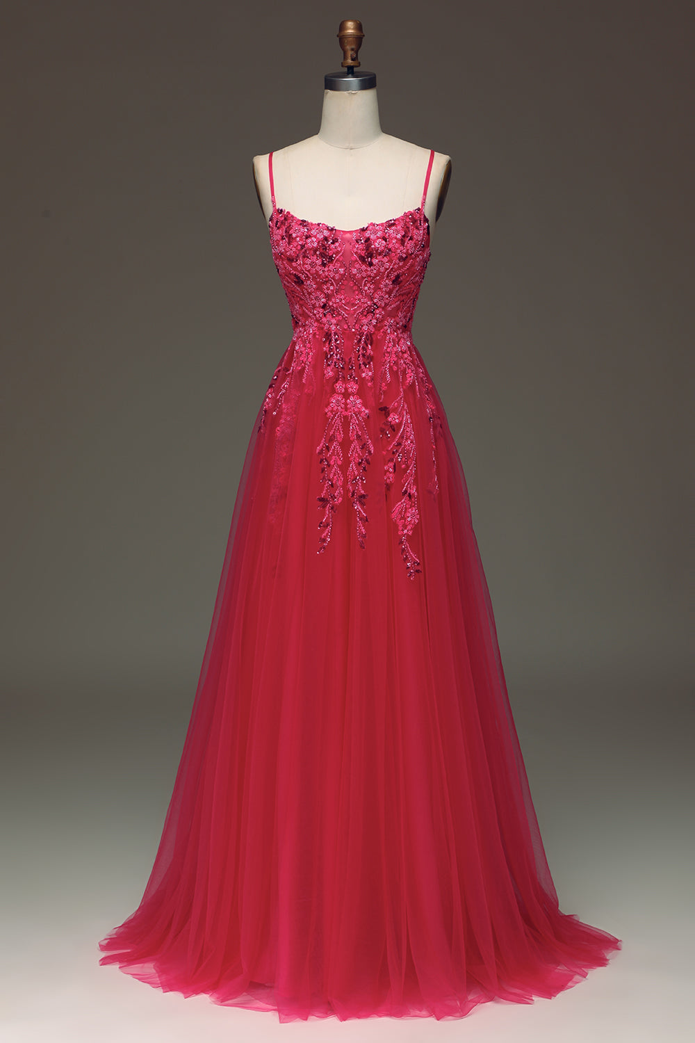 Red A Line Long Appliqued Prom Dress
