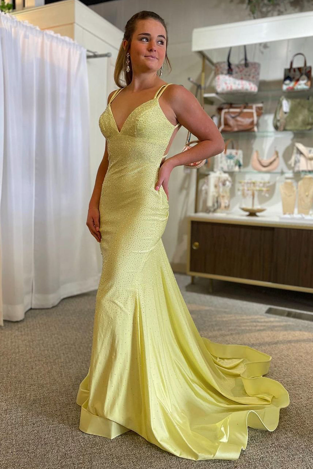 Sparkly Yellow Sequins Long Prom Dress Mermaid Spaghetti Straps Formal Dress