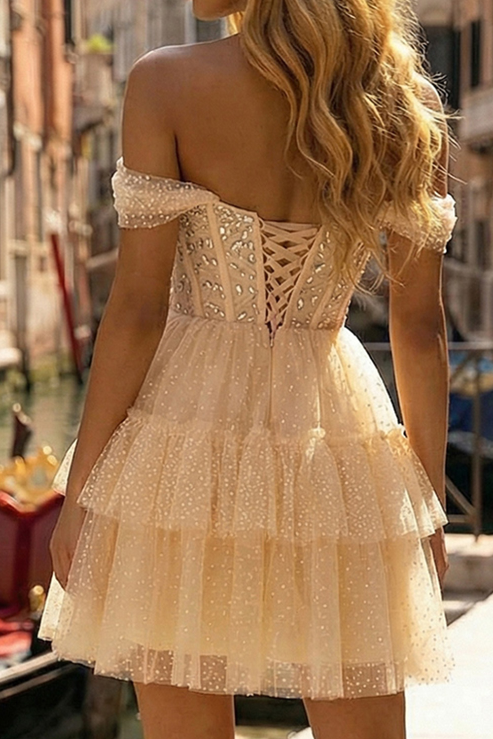Glitter Champagne Tulle Corset Ruffled A Line Short Prom Dress with Beading
