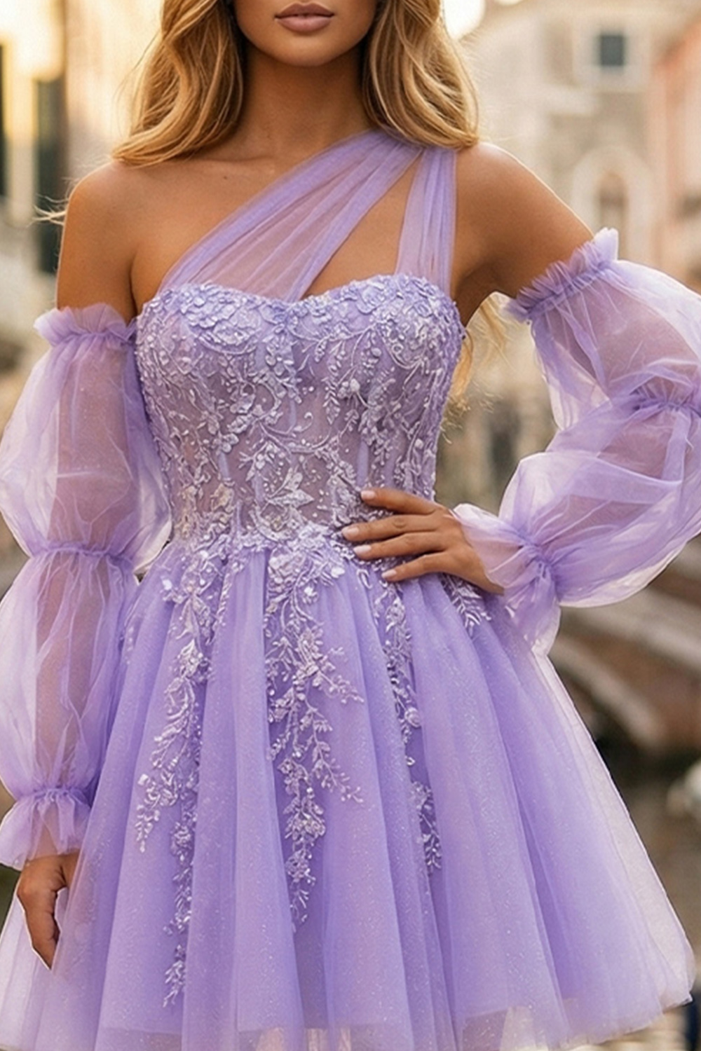 Glitter Lilac Tulle Corset One Shoulder Beaded Short Prom Dress with Sleeves