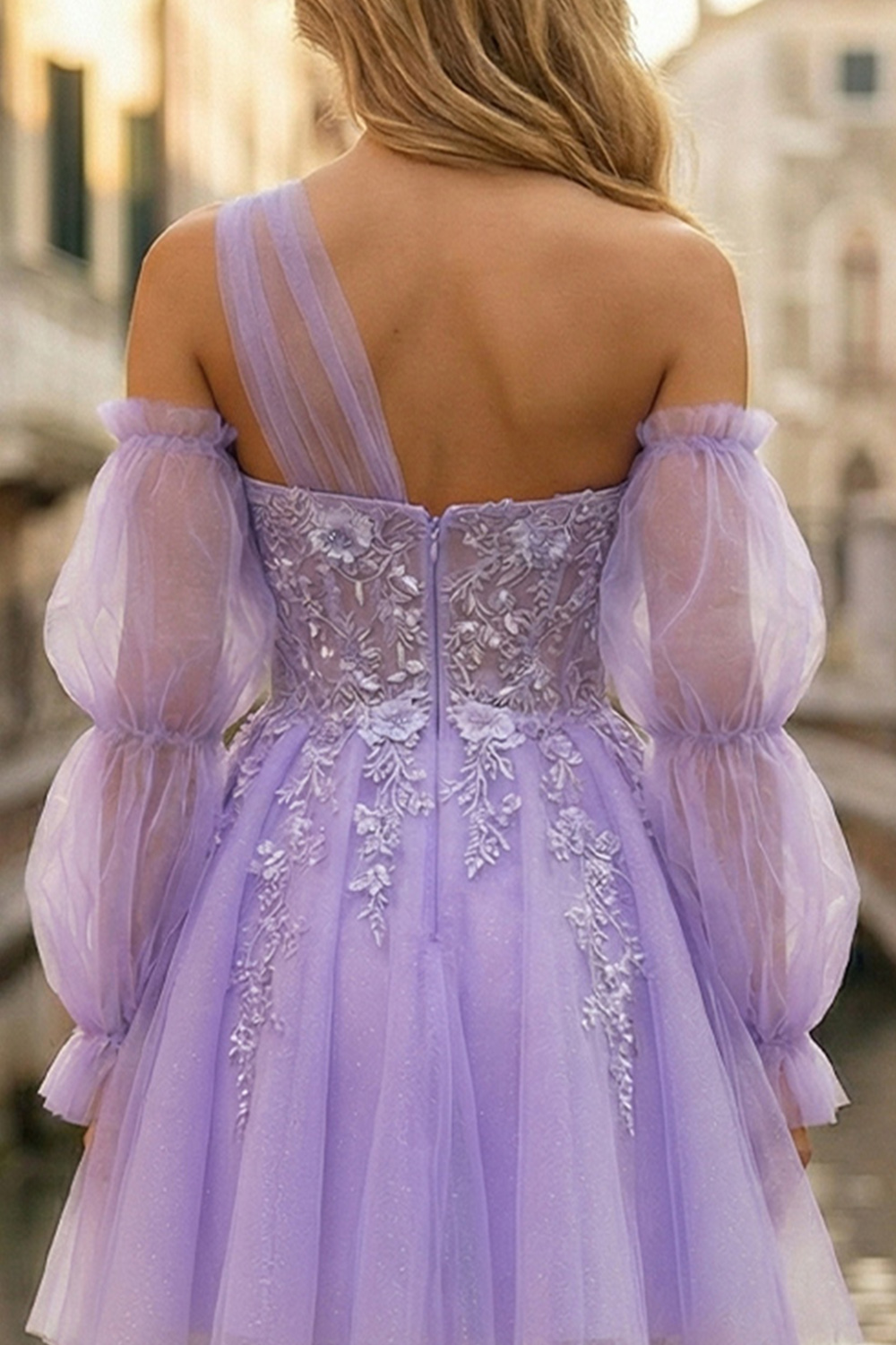 Glitter Lilac Tulle Corset One Shoulder Beaded Short Prom Dress with Sleeves