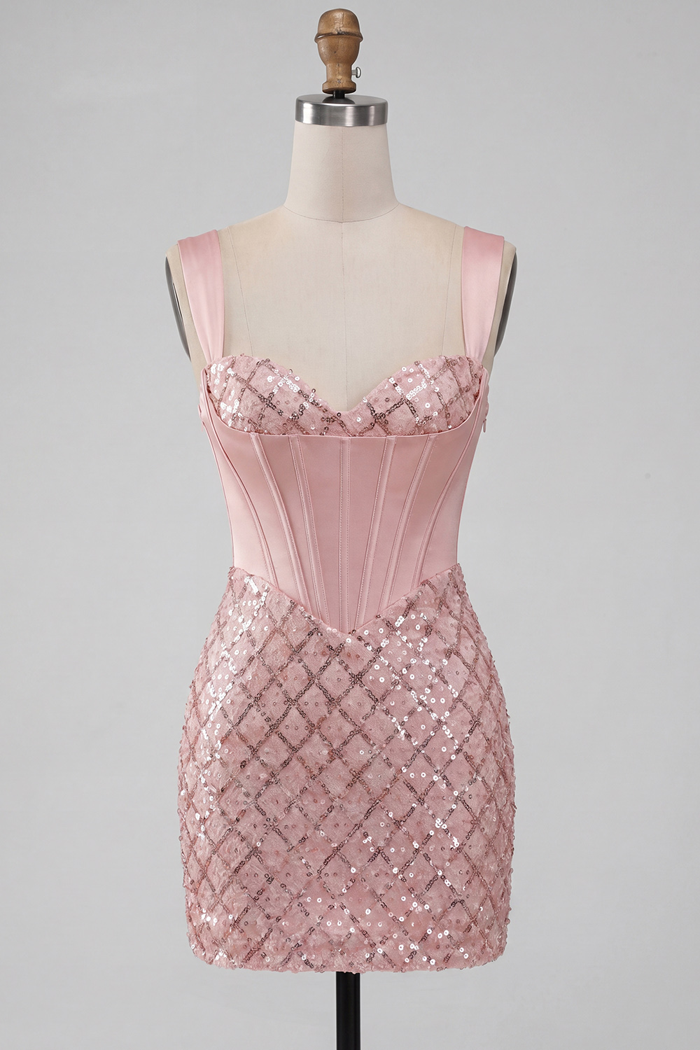Sparkly Pink Corset Sequin Bodycon Thick Straps Short Prom Dress