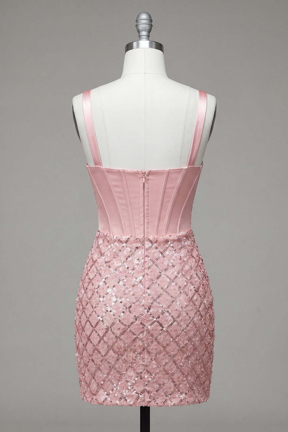 Sparkly Pink Corset Sequin Bodycon Thick Straps Short Prom Dress