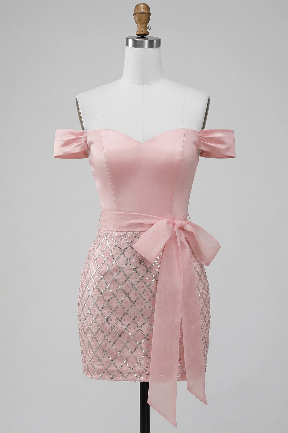 Sparkly Pink Satin Bodycon Off The Shoulder Short Prom Dress with Sash