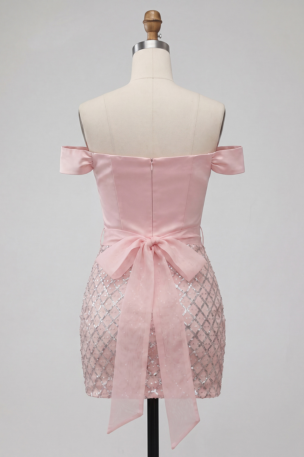 Sparkly Pink Satin Bodycon Off The Shoulder Short Prom Dress with Sash