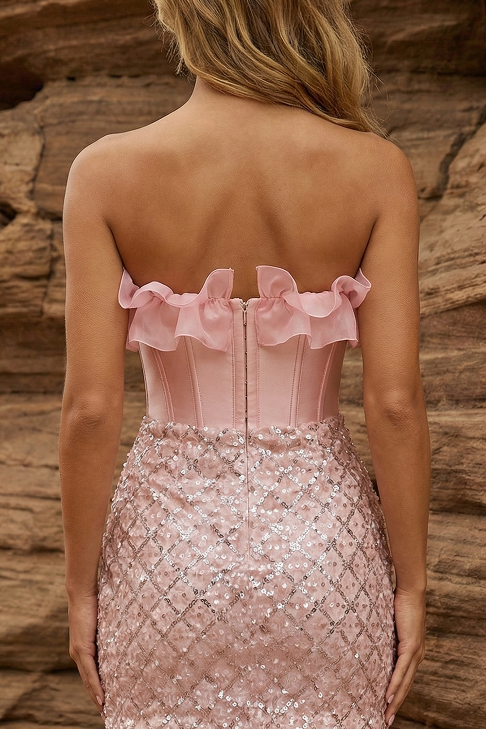 Sparkly Pink Sequin Corset Bodycon Strapless Short Prom Dress with Ruffles