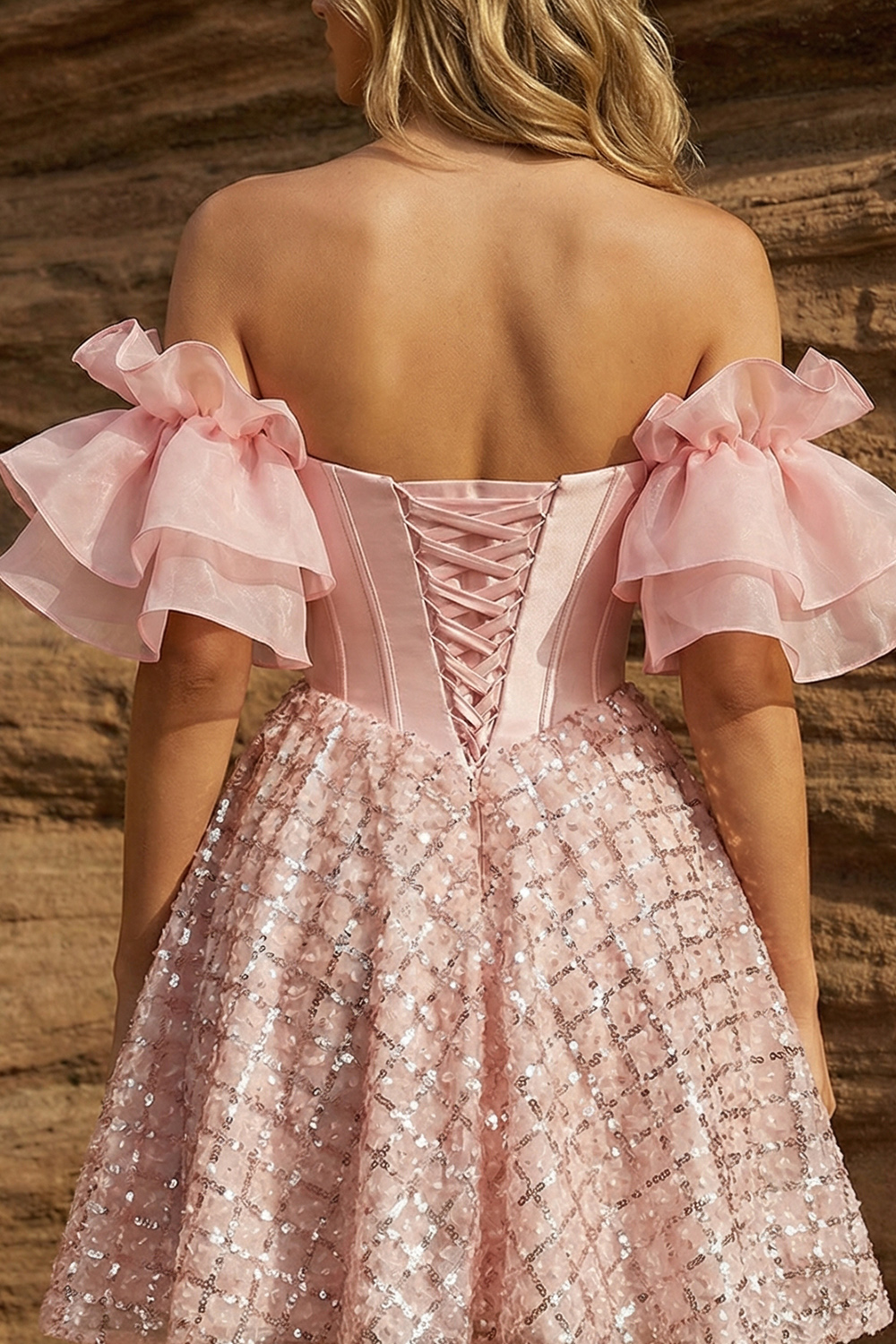 Sparkly Pink Sequin Corset A Line Ruffle Sleeves Short Prom Dress