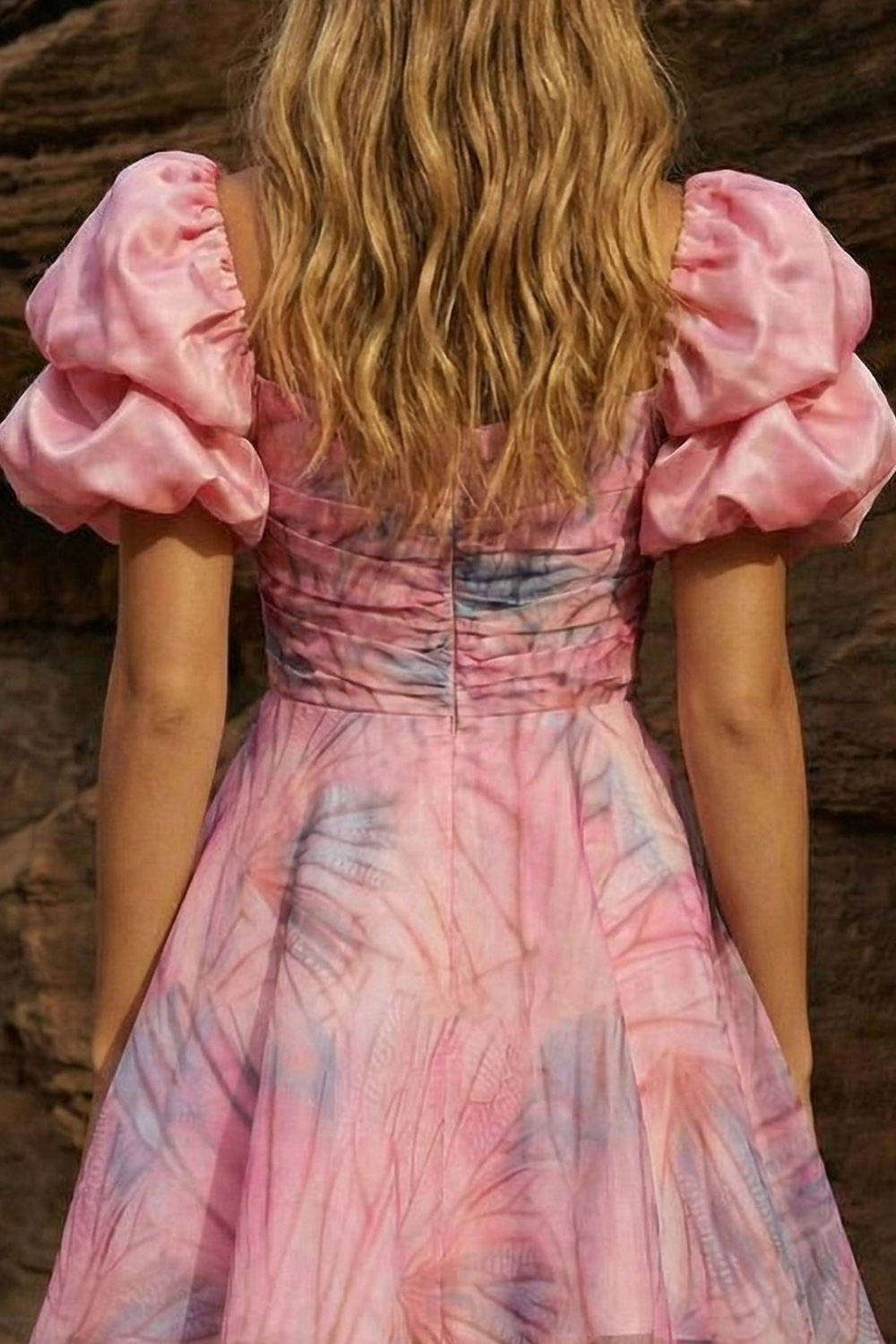 A Line Puff Sleeves Pink Floral Ruched Short Prom Dress