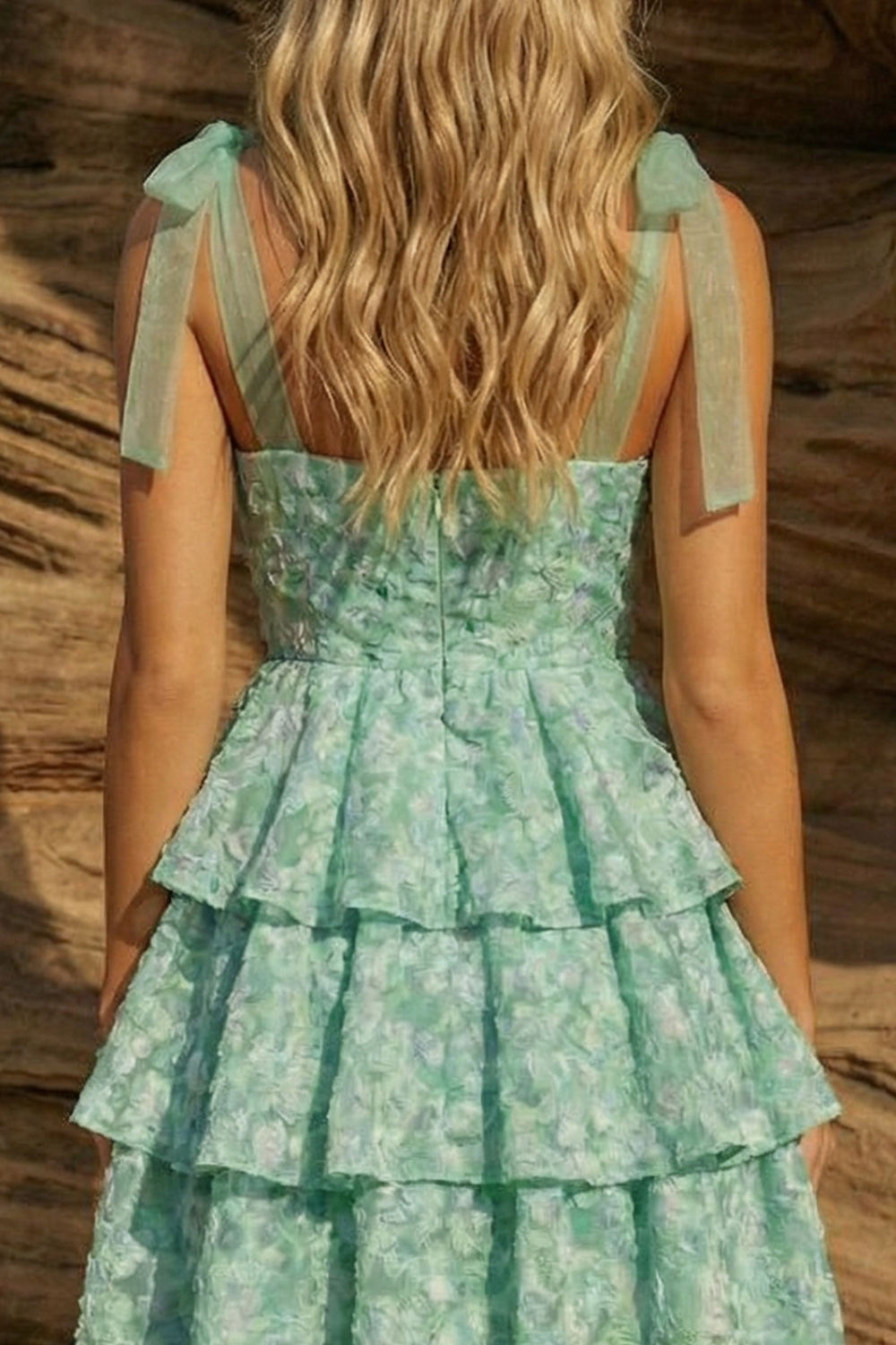 Light Green Floral Tie Shoulder Tiered A Line Short Prom Dress