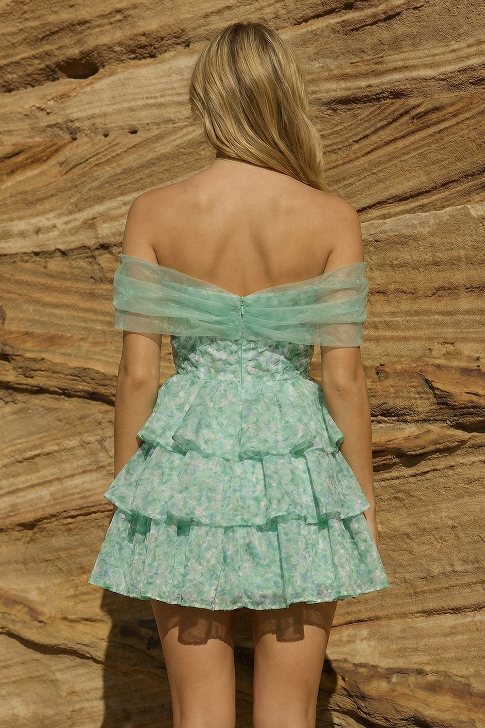 Light Green Floral Tiered A Line Off The Shoulder Short Prom Dress