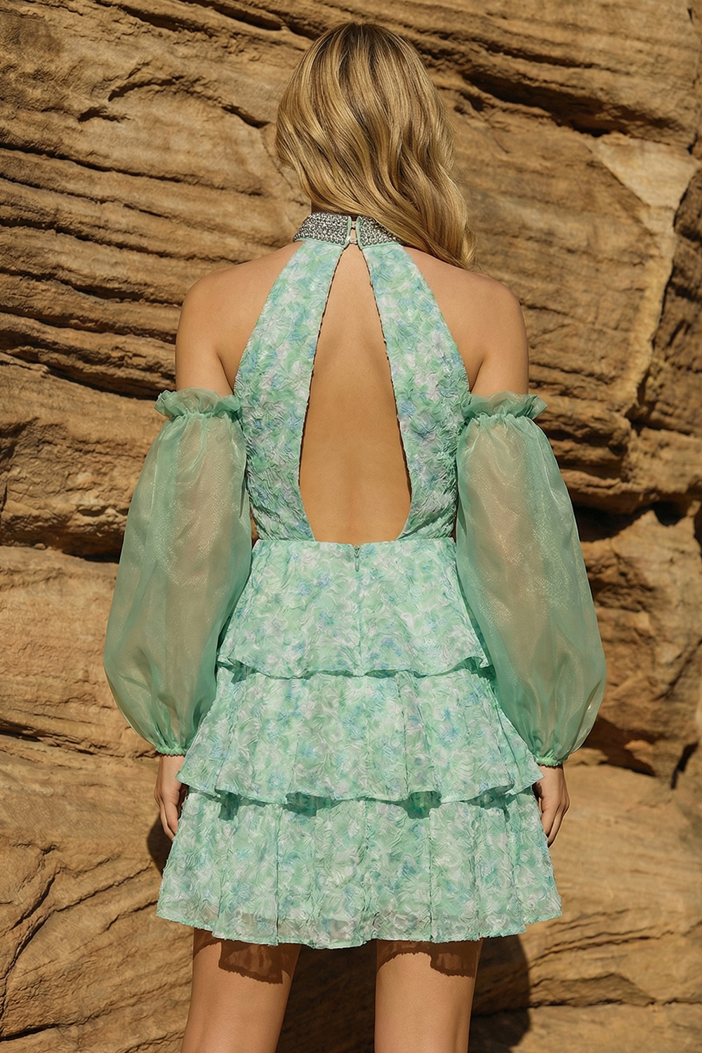 Light Green Floral Beaded Halter Tiered A Line Detachable Sleeves Short Prom Dress