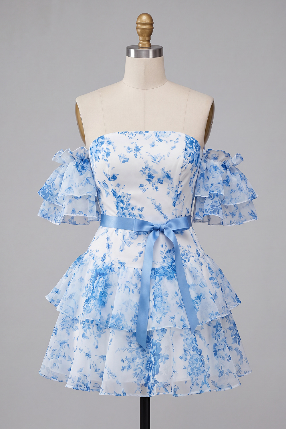 Blue Floral A Line Ruffle Sleeves Short Prom Dress with Bow