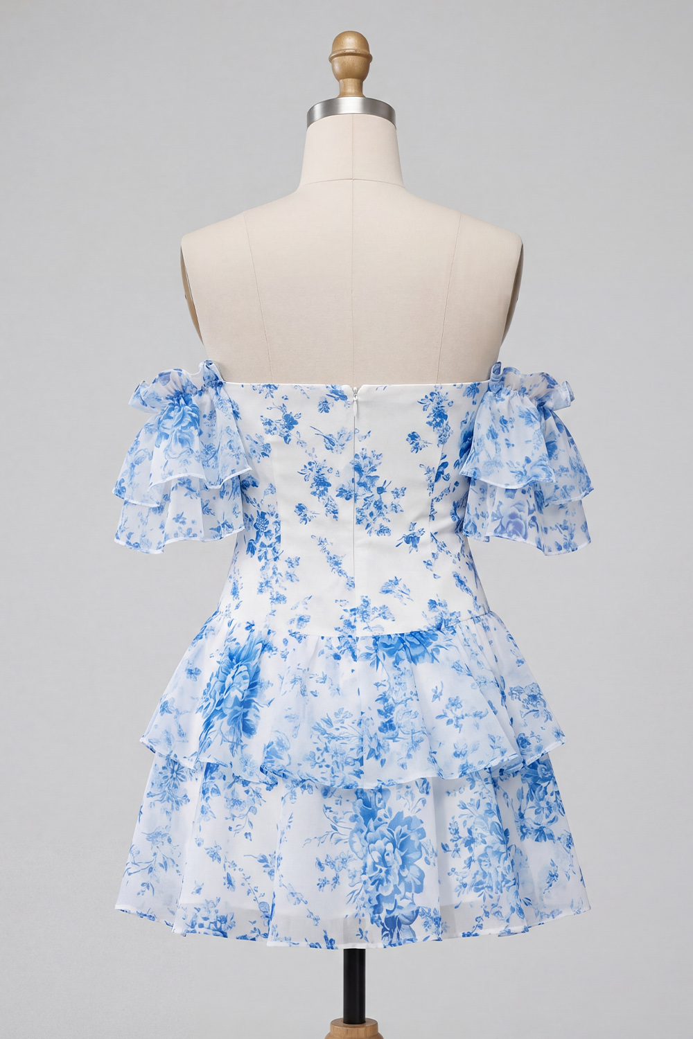 Blue Floral A Line Ruffle Sleeves Short Prom Dress with Bow
