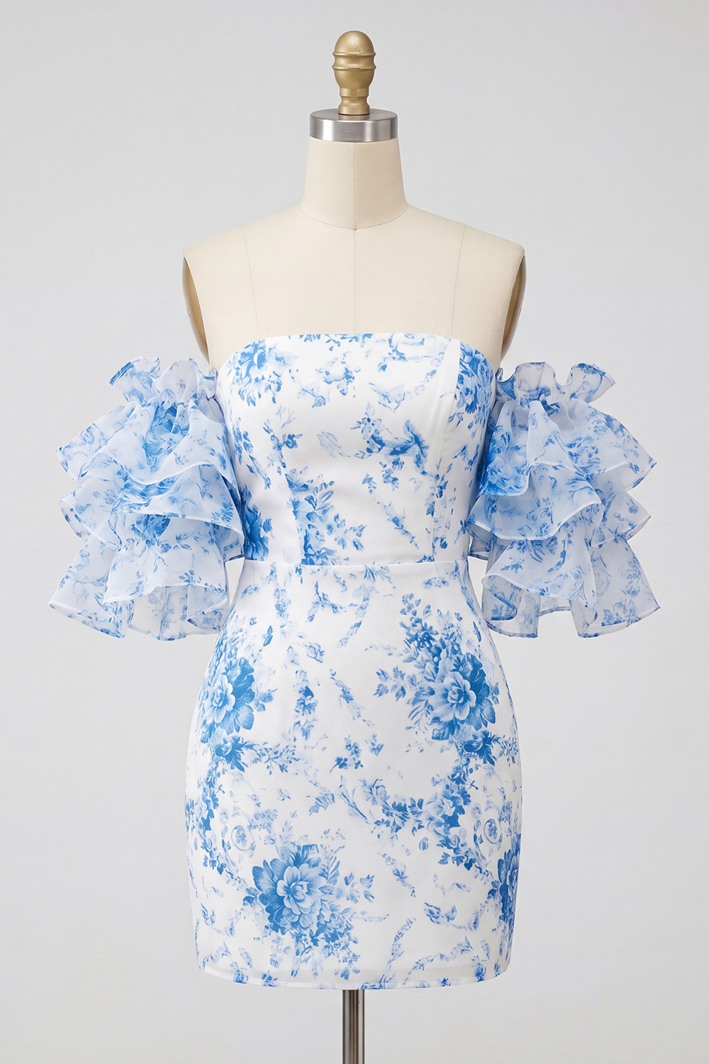 Blue Floral Ruffle Sleeves Bodycon Strapless Short Prom Dress