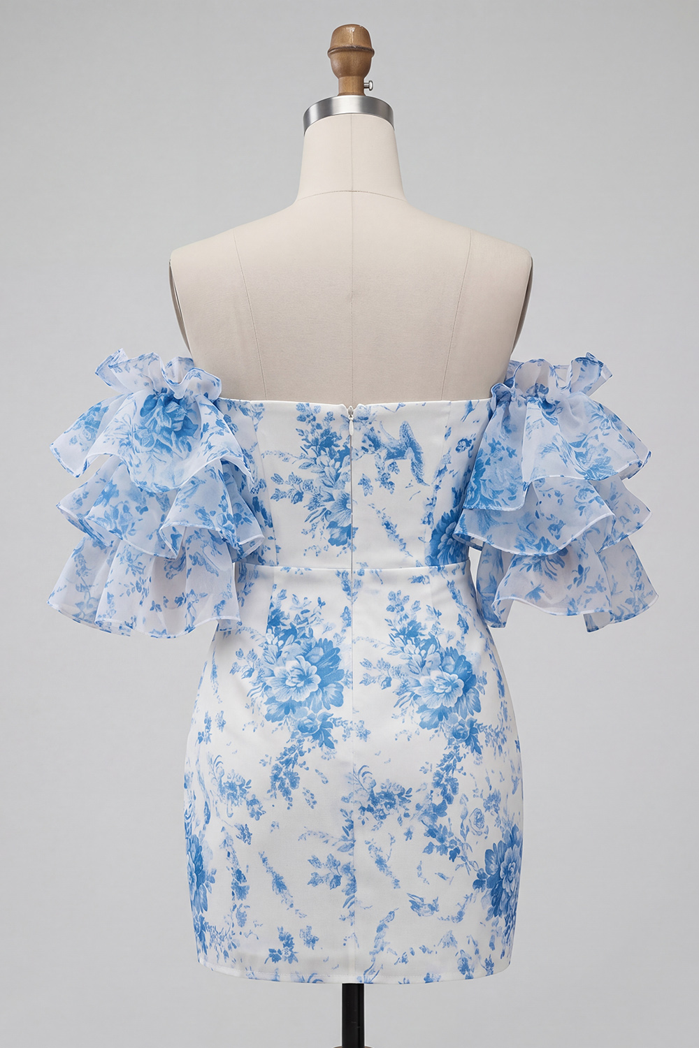 Blue Floral Ruffle Sleeves Bodycon Strapless Short Prom Dress