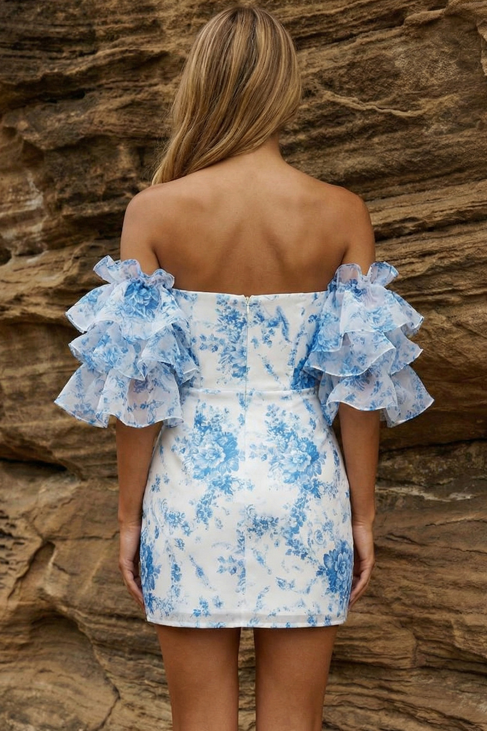 Blue Floral Ruffle Sleeves Bodycon Strapless Short Prom Dress