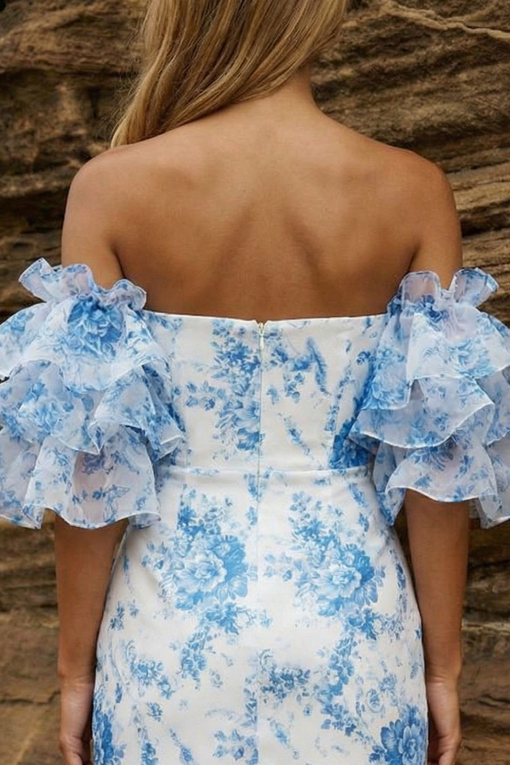 Blue Floral Ruffle Sleeves Bodycon Strapless Short Prom Dress