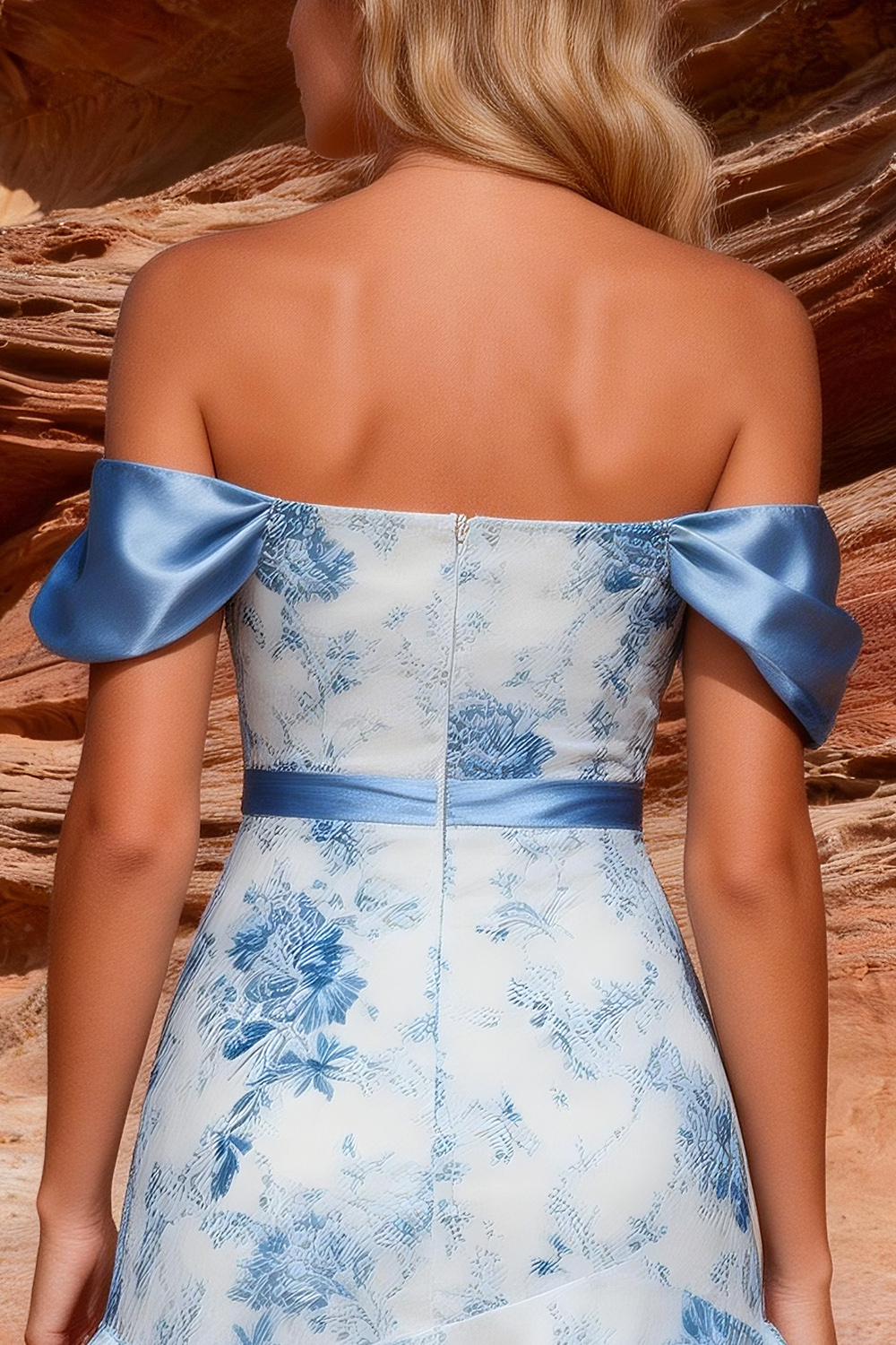 Blue Floral Ruffled Bodycon Off The Shoulder Short Prom Dress with Bow
