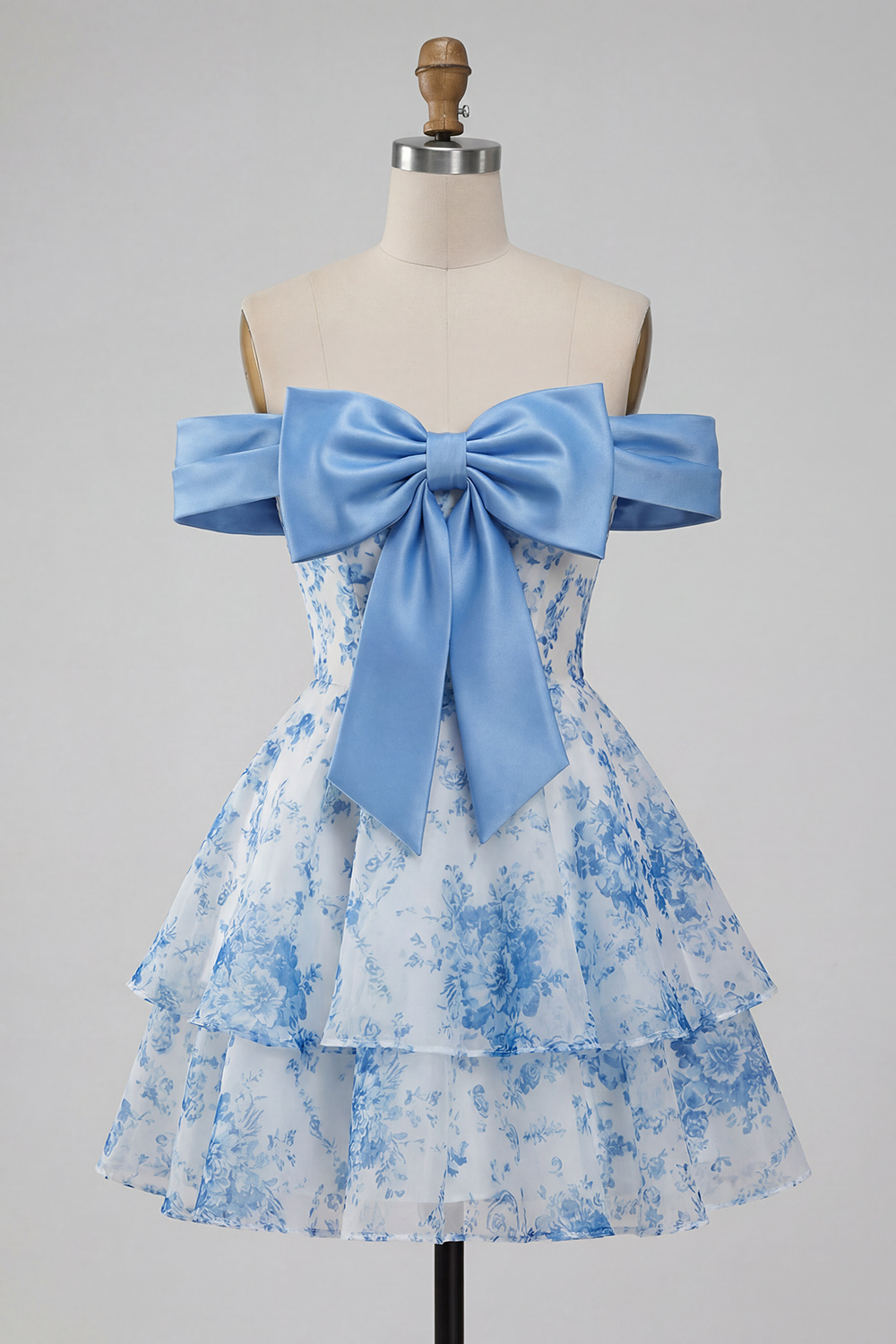 Blue Floral A Line Off The Shoulder Short Prom Dress with Satin Bow