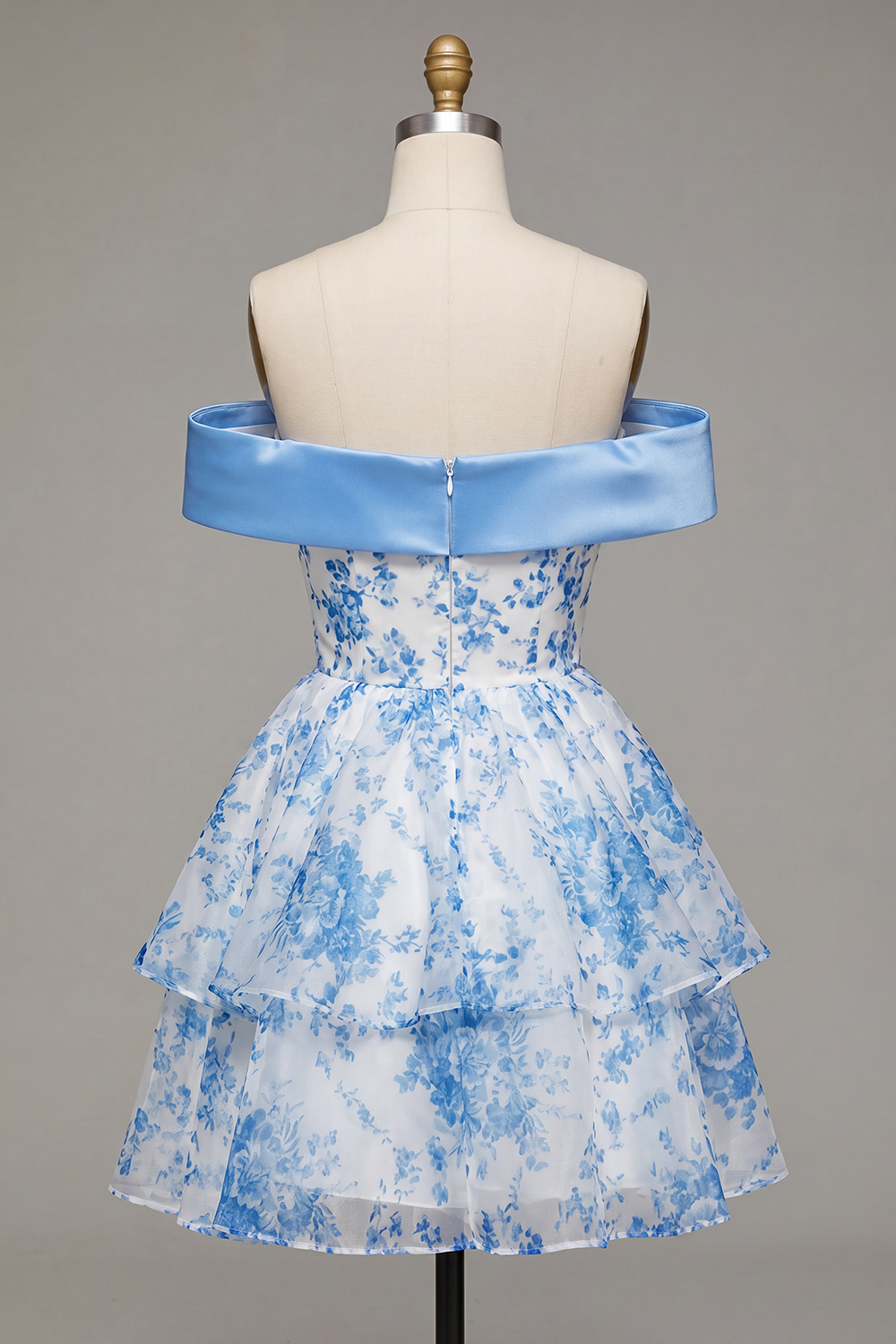Blue Floral A Line Off The Shoulder Short Prom Dress with Satin Bow