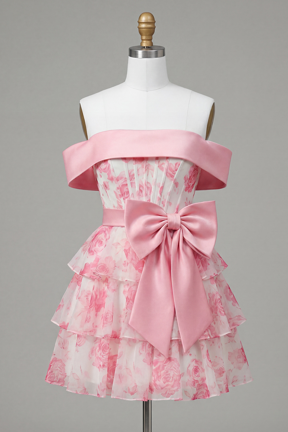 A Line Off The Shoulder Pink Floral Ruffled Short Corset Prom Dress with Bow